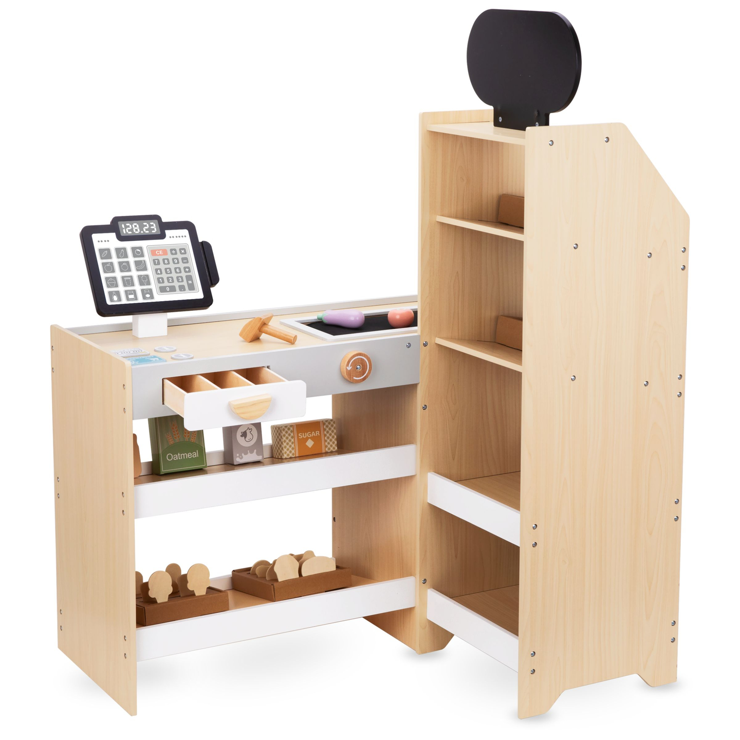 Grönsaksmarknad i trä - stort XXL-stånd, butik med kassaapparat för spel