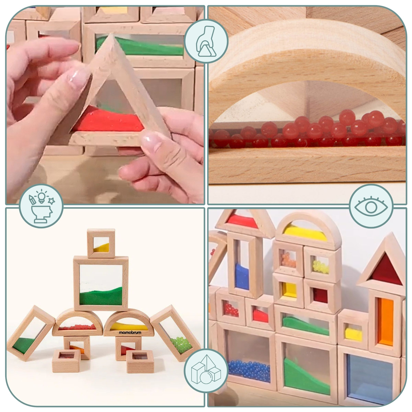 Set med sensoriska block i trä med olika fyllningar - 15 delar