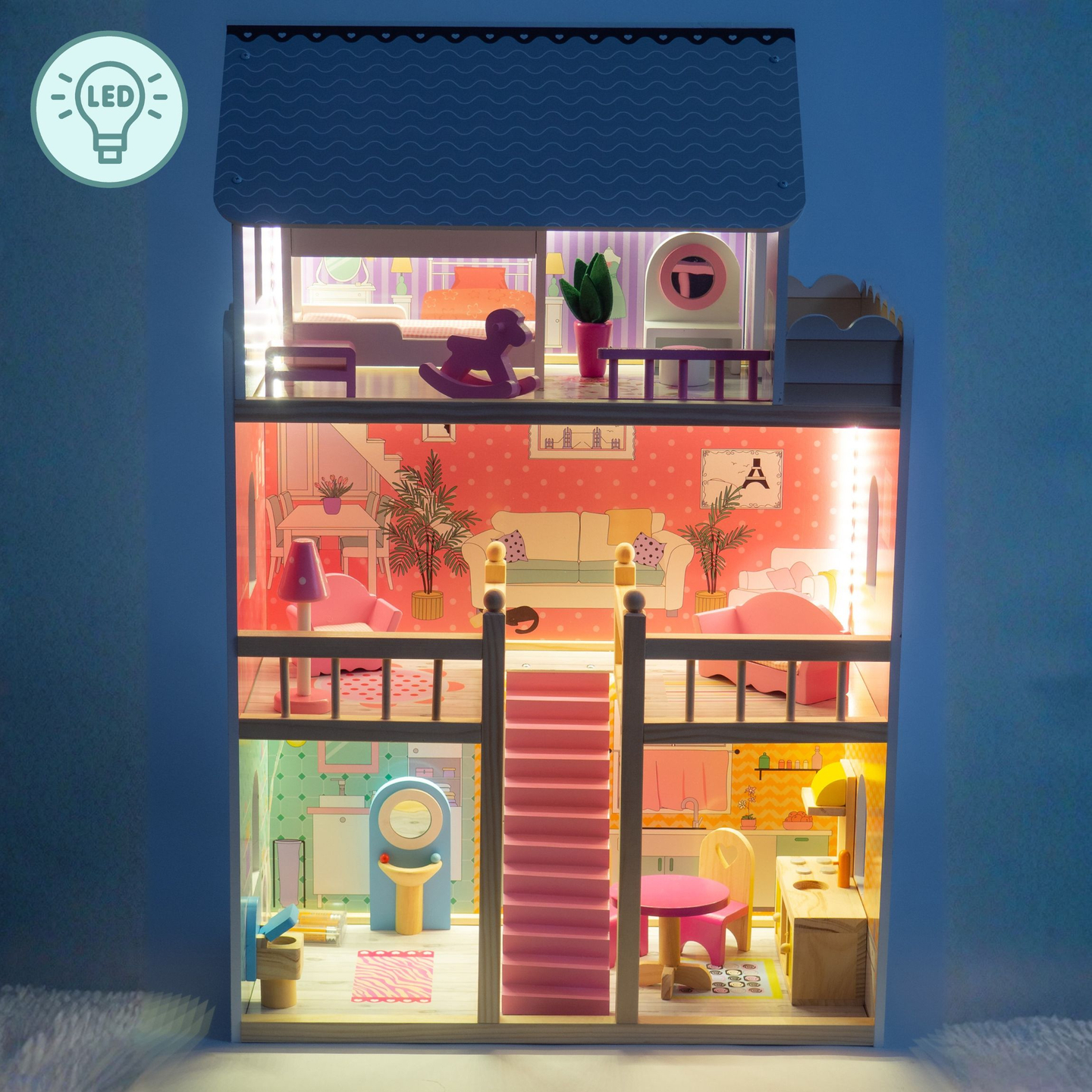 Stort dockhus i trä med 3 våningar, terrass, möbler och LED-belysning!