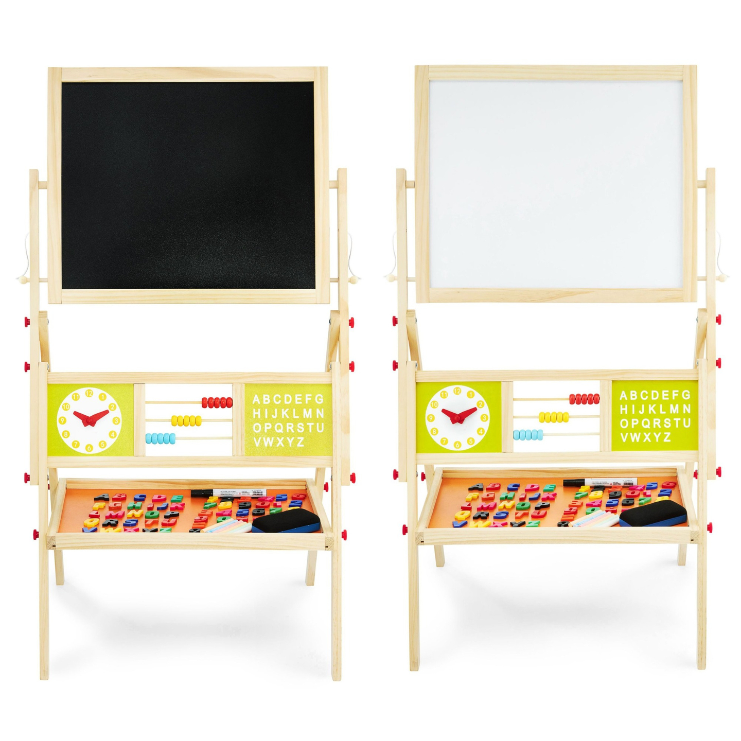 Stor pedagogisk dubbelsidig tavla: magnetisk och krittavla - torr raderingstavla, trä