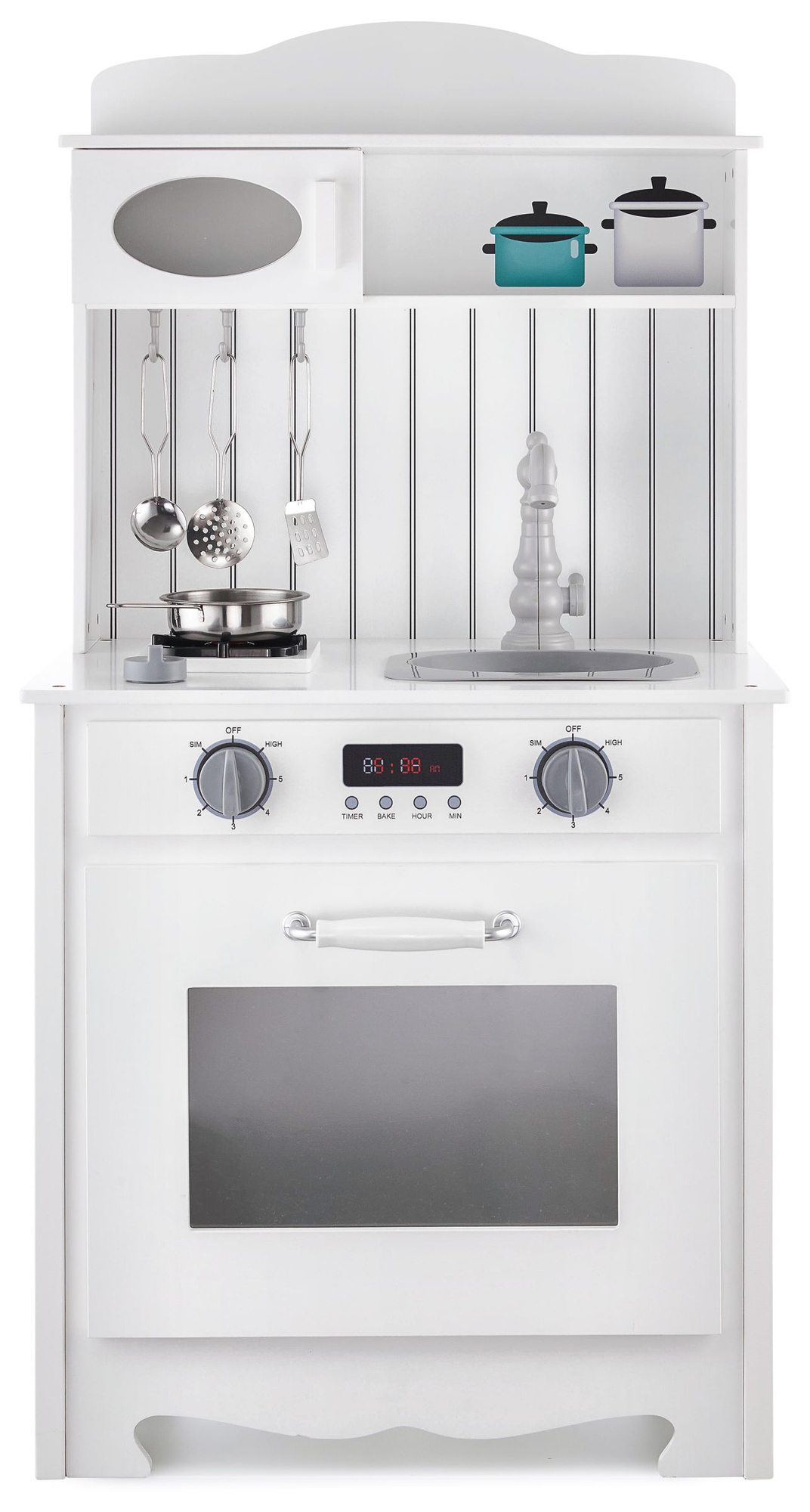 Vitt träkök med förkläde, tillbehör och LED-lampa