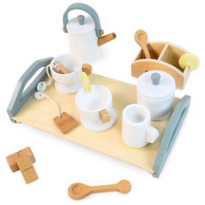 Stor teservis i trä med bricka - 17 artiklar