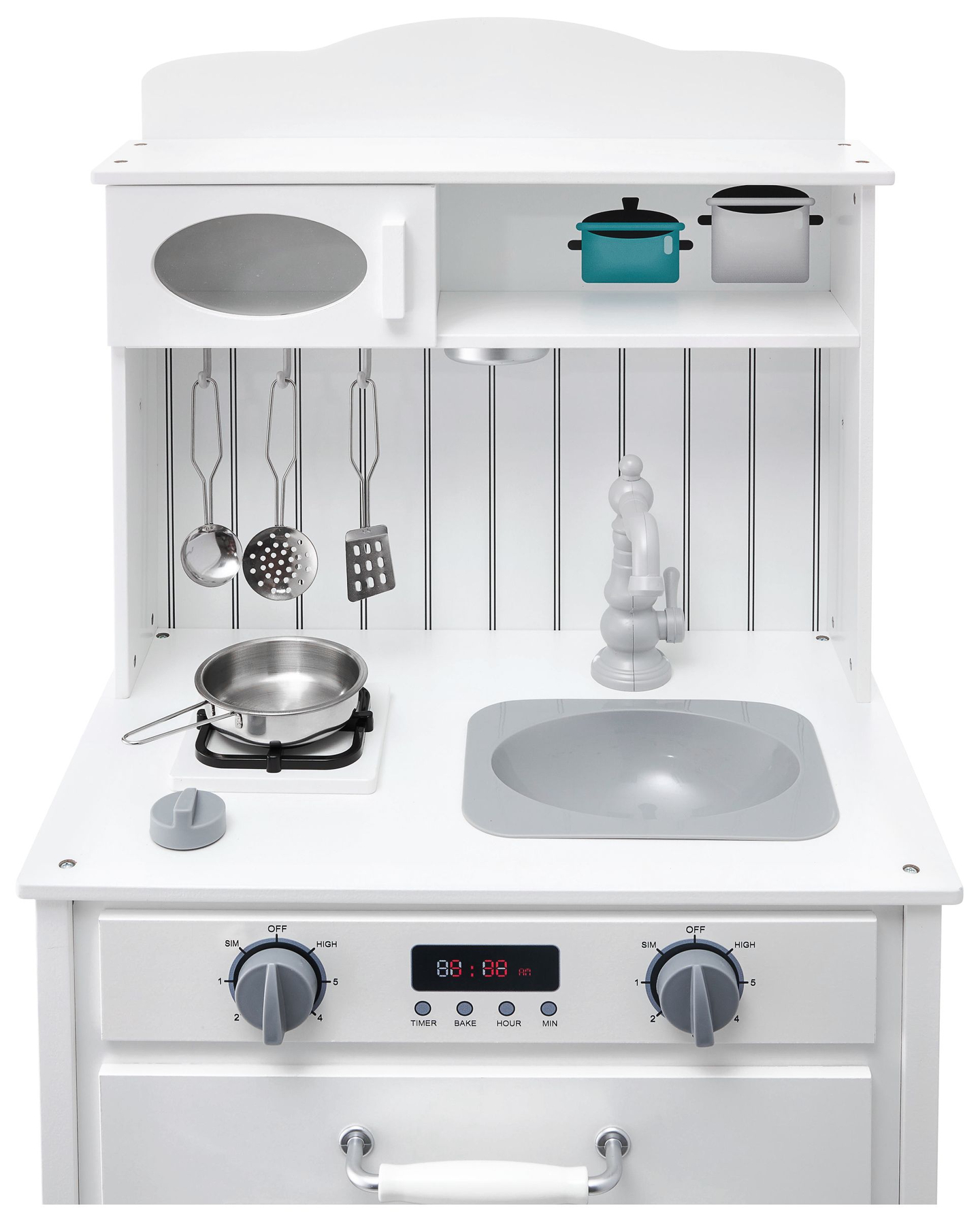 Vitt träkök med förkläde, tillbehör och LED-lampa