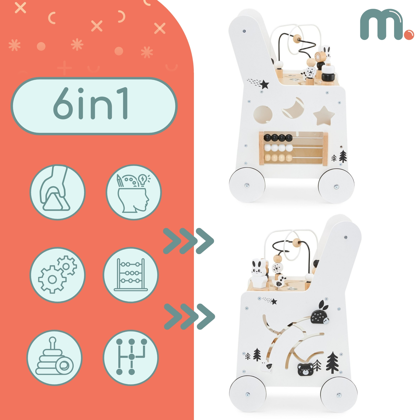 6in1 barnvagn, gåstol i trä med funktion för inlärningsbord
