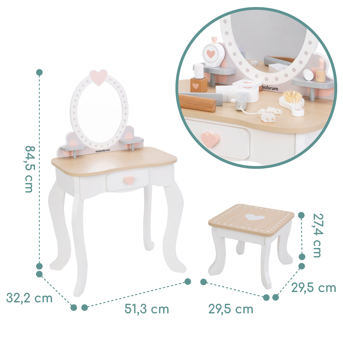 Sminkbord i trä med pall och tillbehör