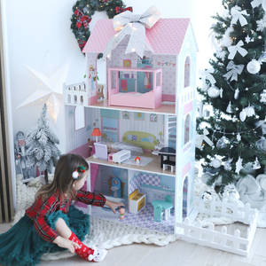 XXL Största dockhus i trä - 123 cm - LED-belyst - terrass, tillbehör, trädgård