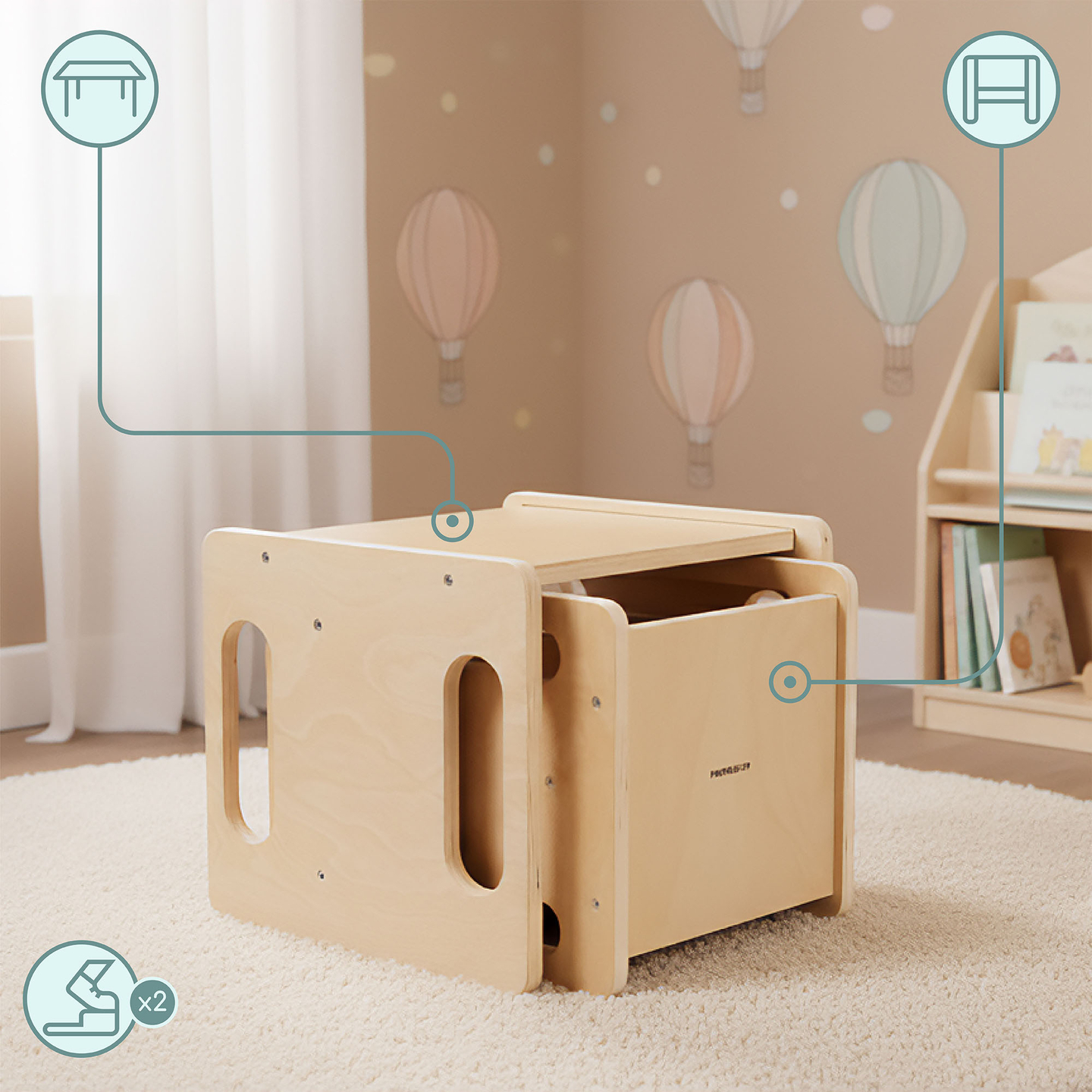 Träbord och stol med trappstegsfunktion – ett multifunktionellt Montessoriset för barn