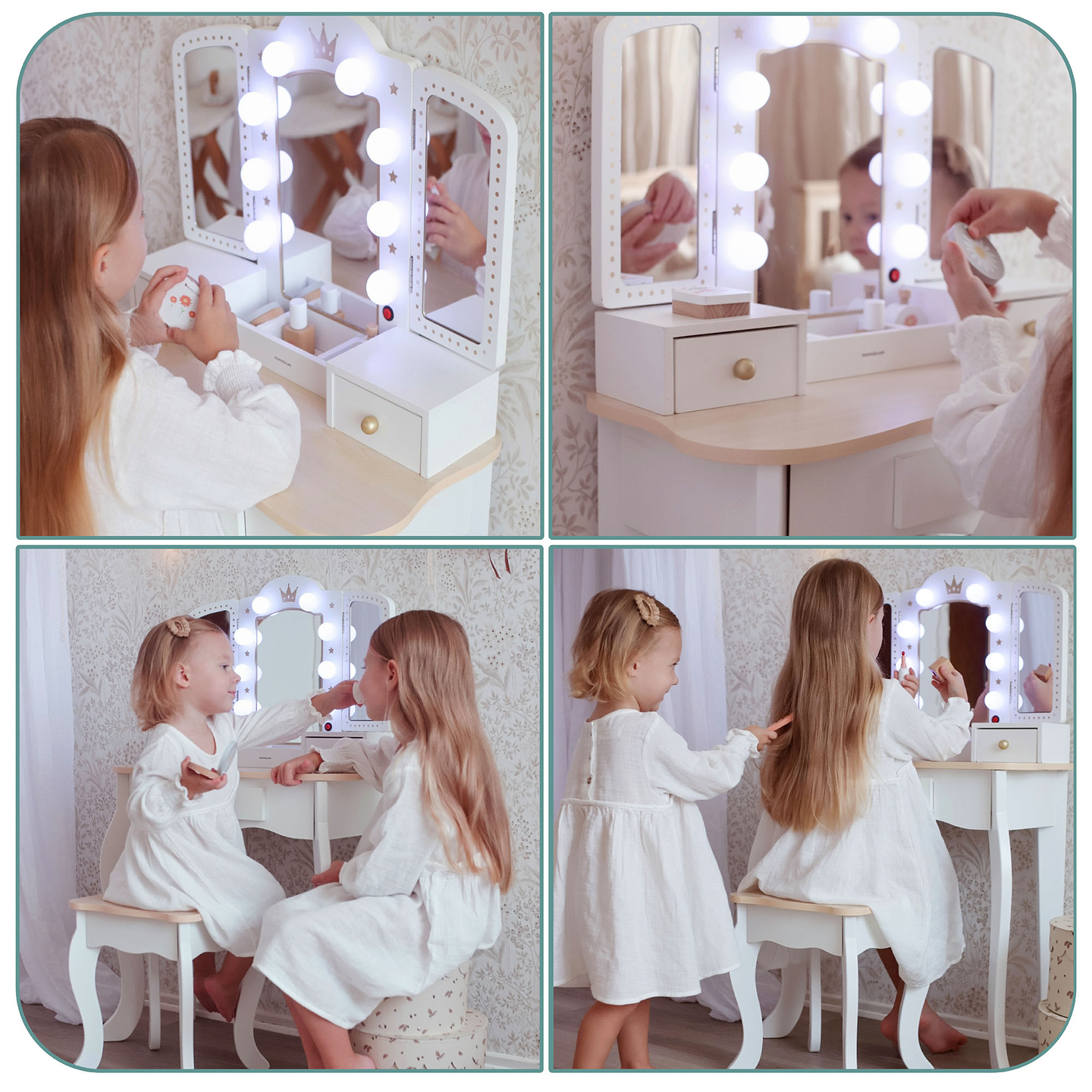 XXL toalettbord i trä med pall och LED-belysning för barn + tillbehör