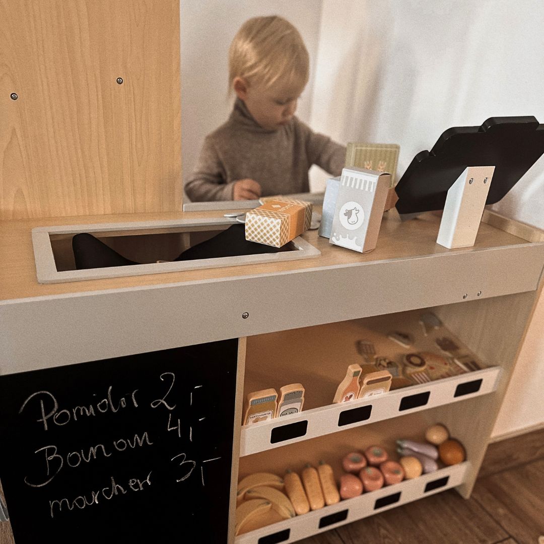 Grönsaksmarknad i trä - stort XXL-stånd, butik med kassaapparat för spel