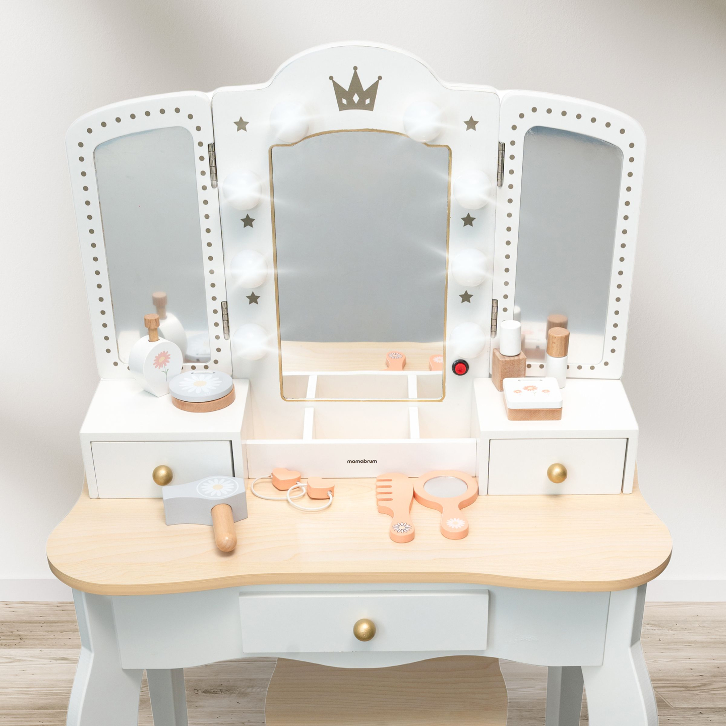 XXL toalettbord i trä med pall och LED-belysning för barn + tillbehör