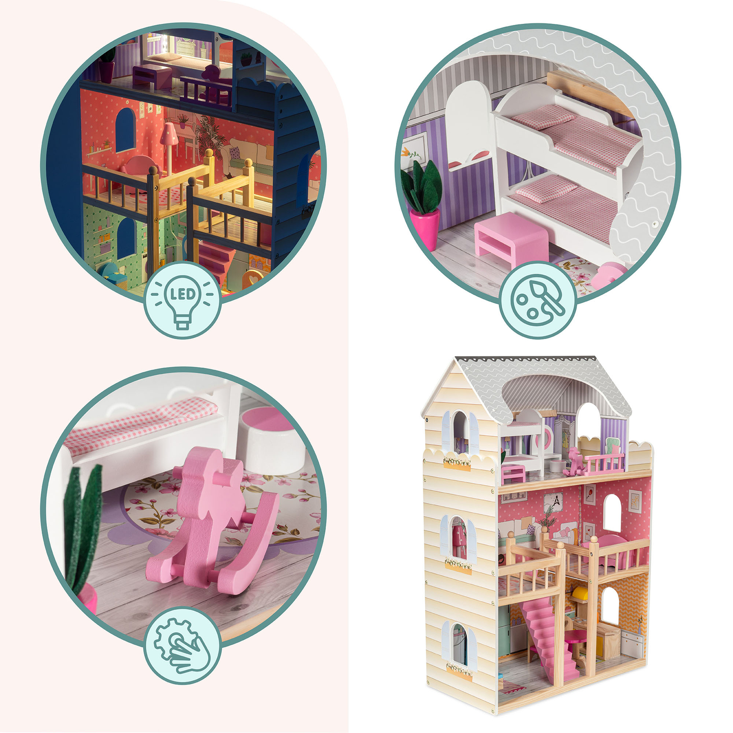 Stort dockhus i trä med 3 våningar, terrass, möbler och LED-belysning!