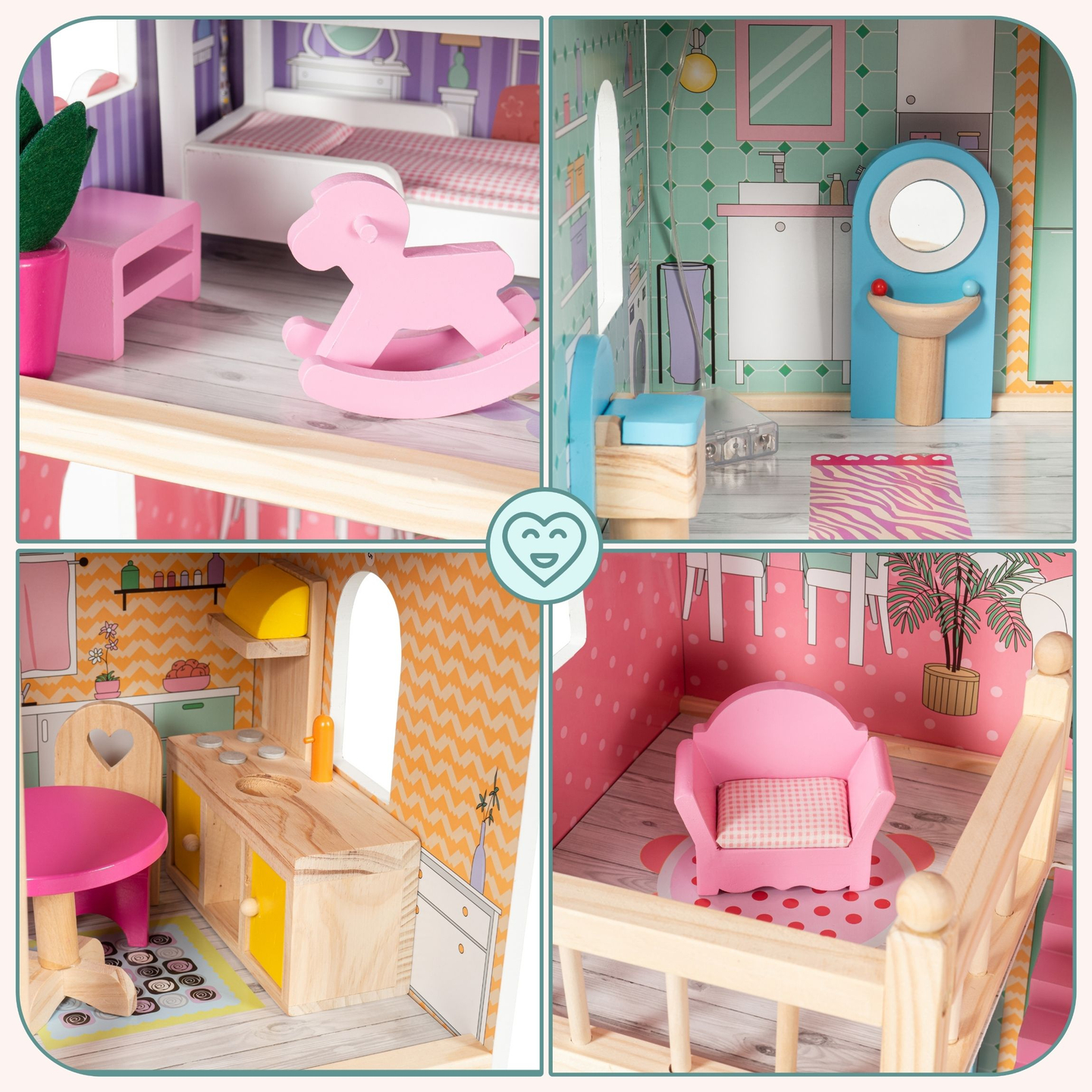 Stort dockhus i trä med 3 våningar, terrass, möbler och LED-belysning!