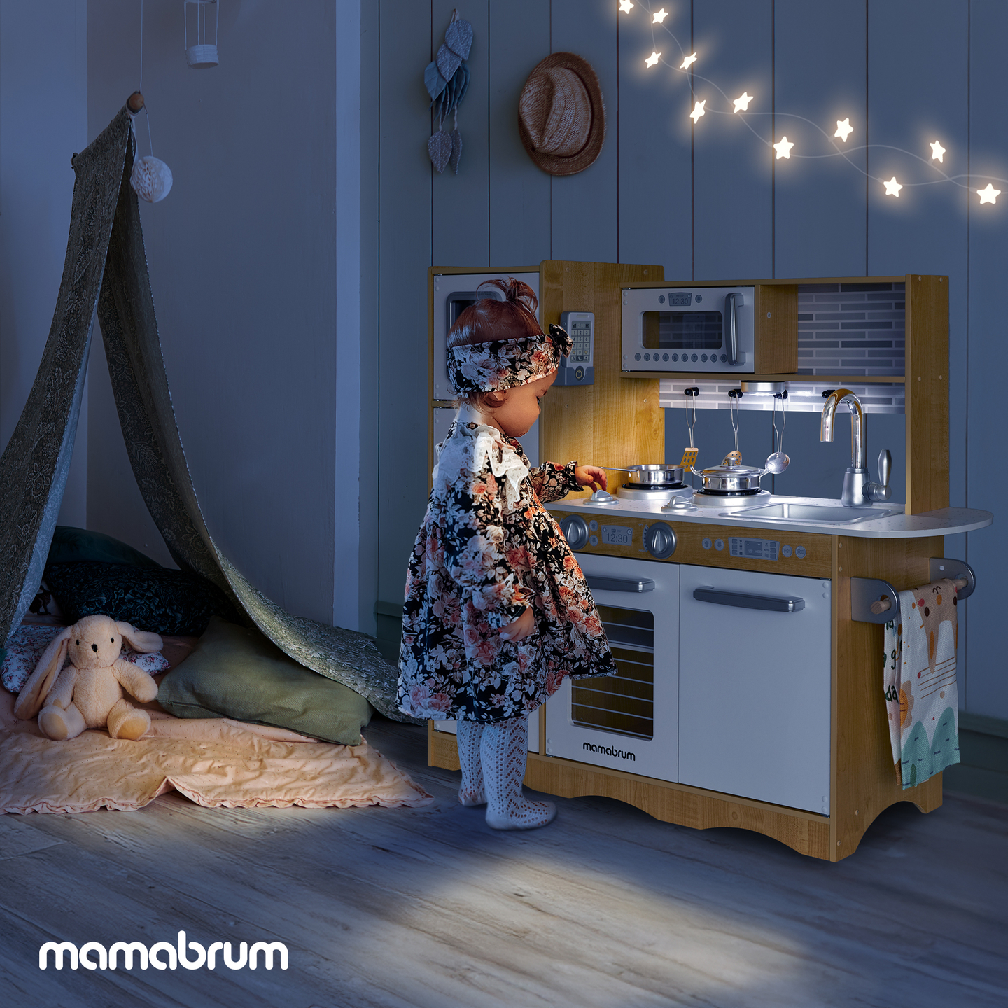 XXL träkök med LED-belysning, förkläde och tillbehör