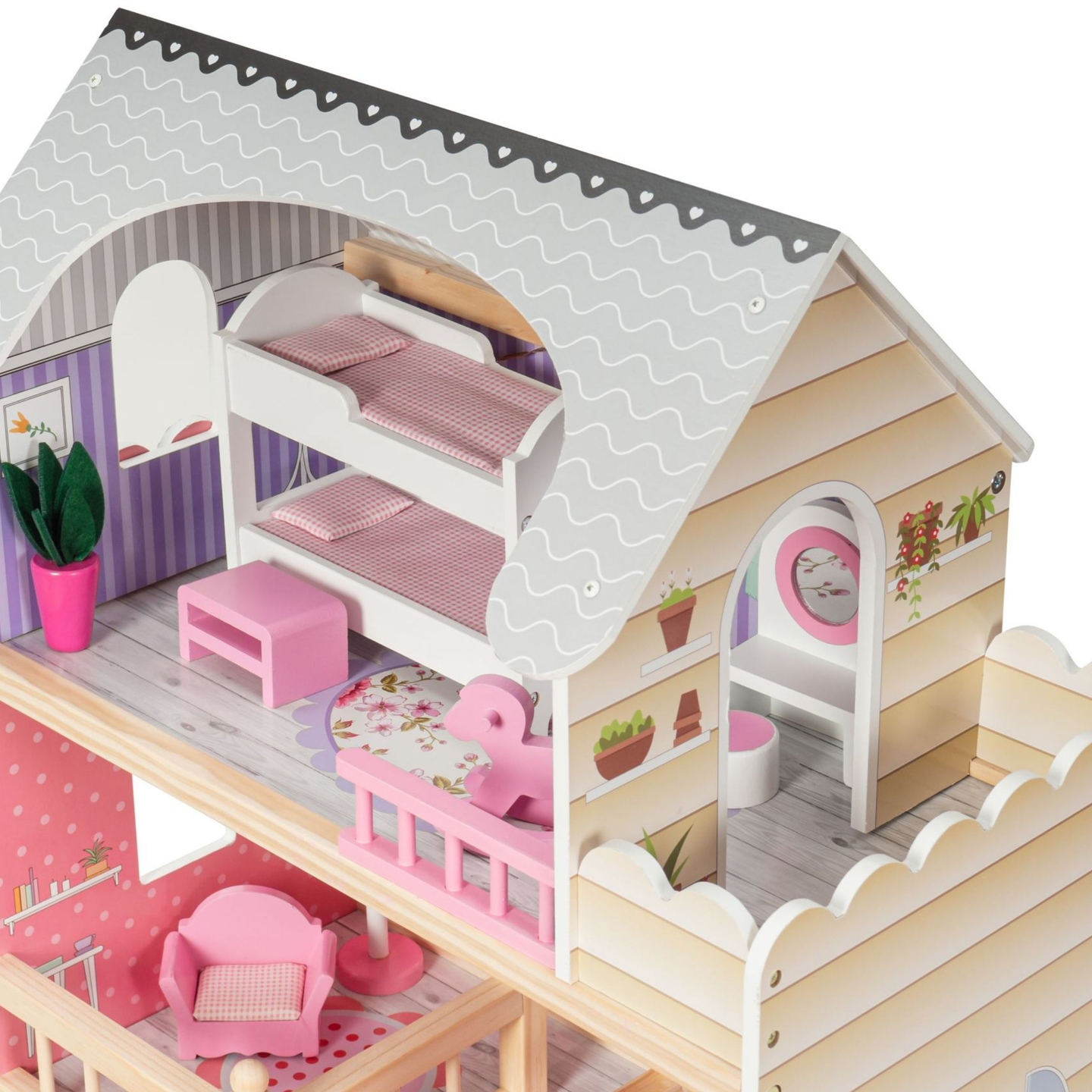 Stort dockhus i trä med 3 våningar, terrass, möbler och LED-belysning!