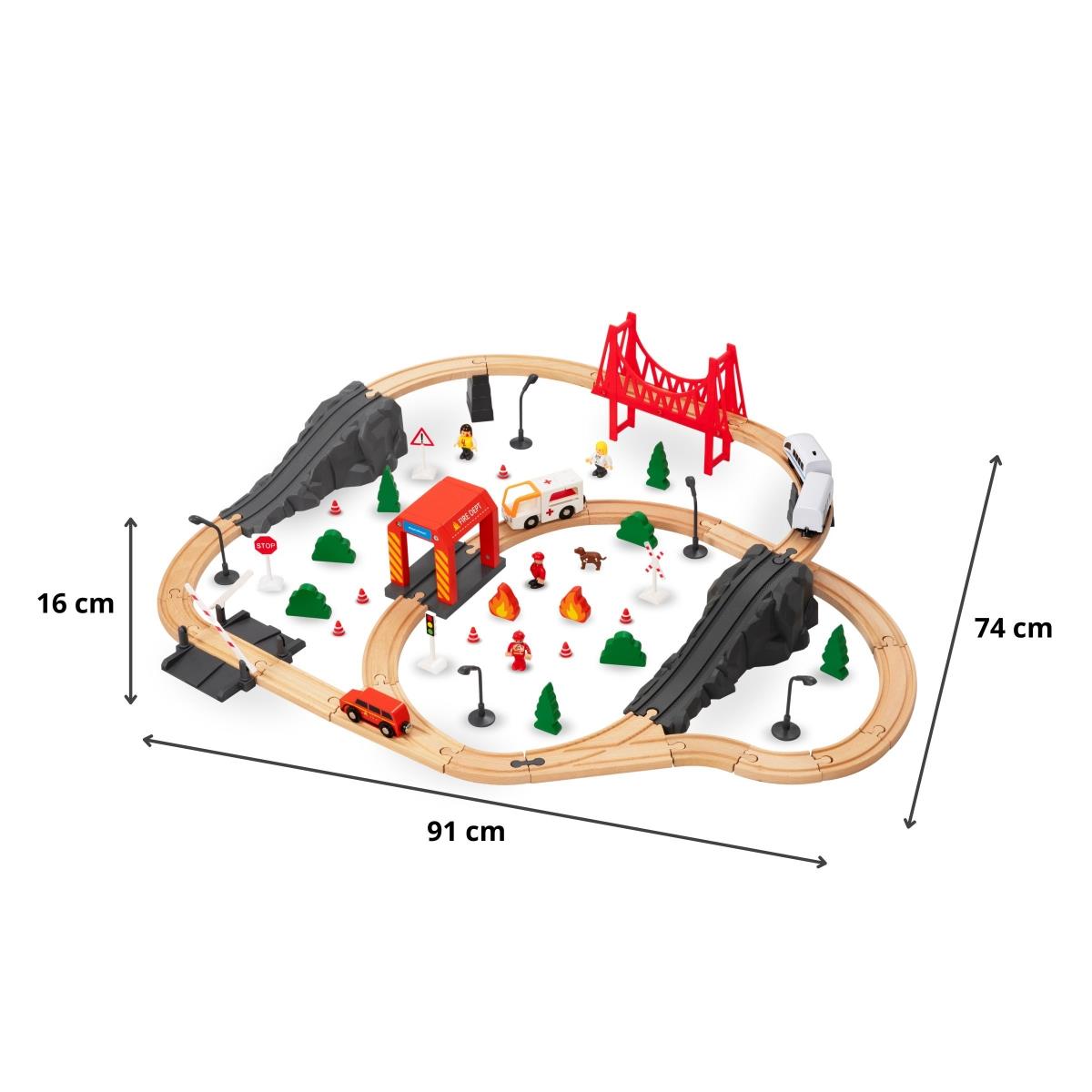 Trätåg, batteridrivet tåg - Brandkår, spår, bilar, broar, bom