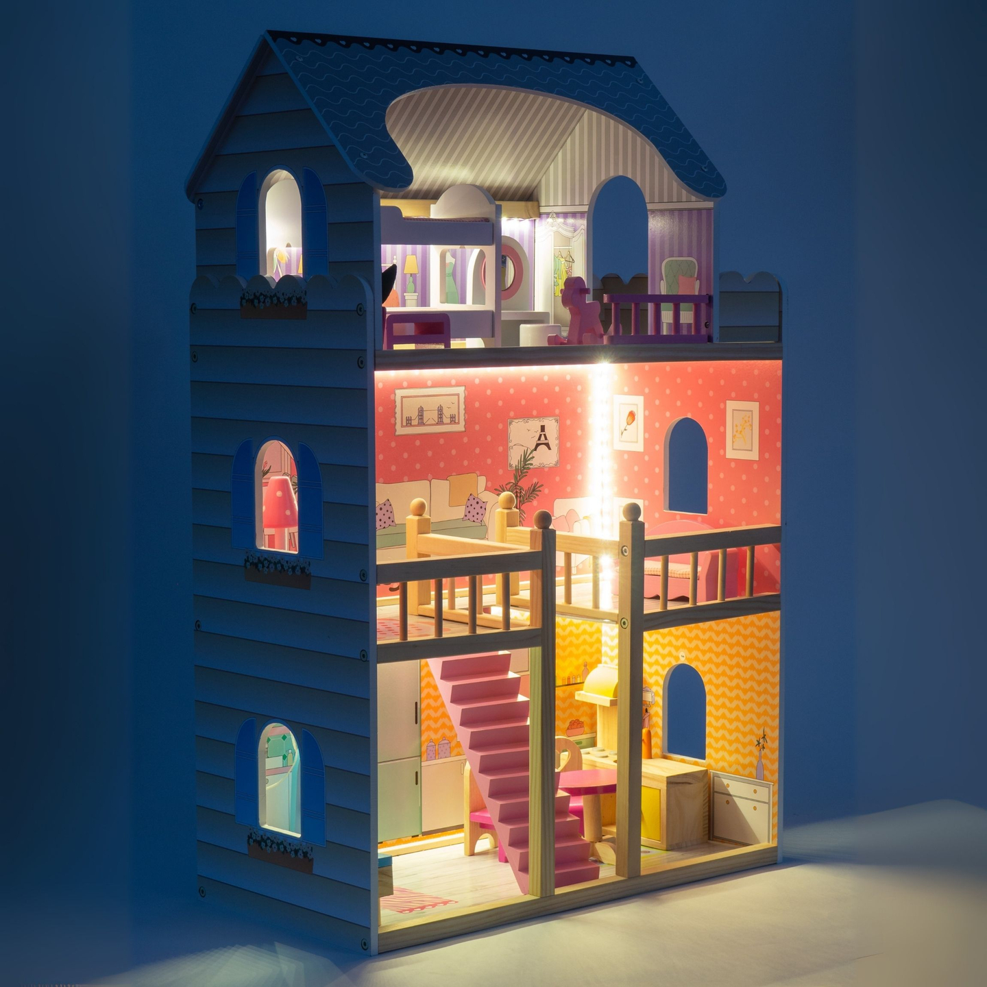 Stort dockhus i trä med 3 våningar, terrass, möbler och LED-belysning!