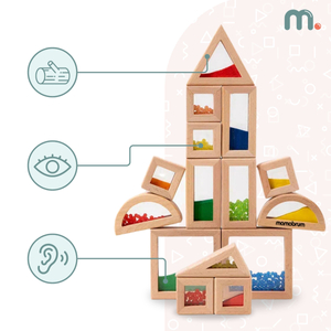 Set med sensoriska block i trä med olika fyllningar - 15 delar