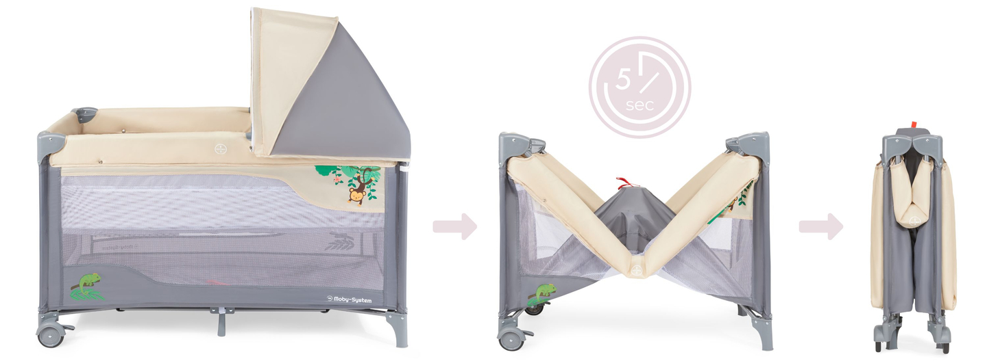 Resesäng 0 - 36 m med skötbord + Moby-System HUXLEY lekhage