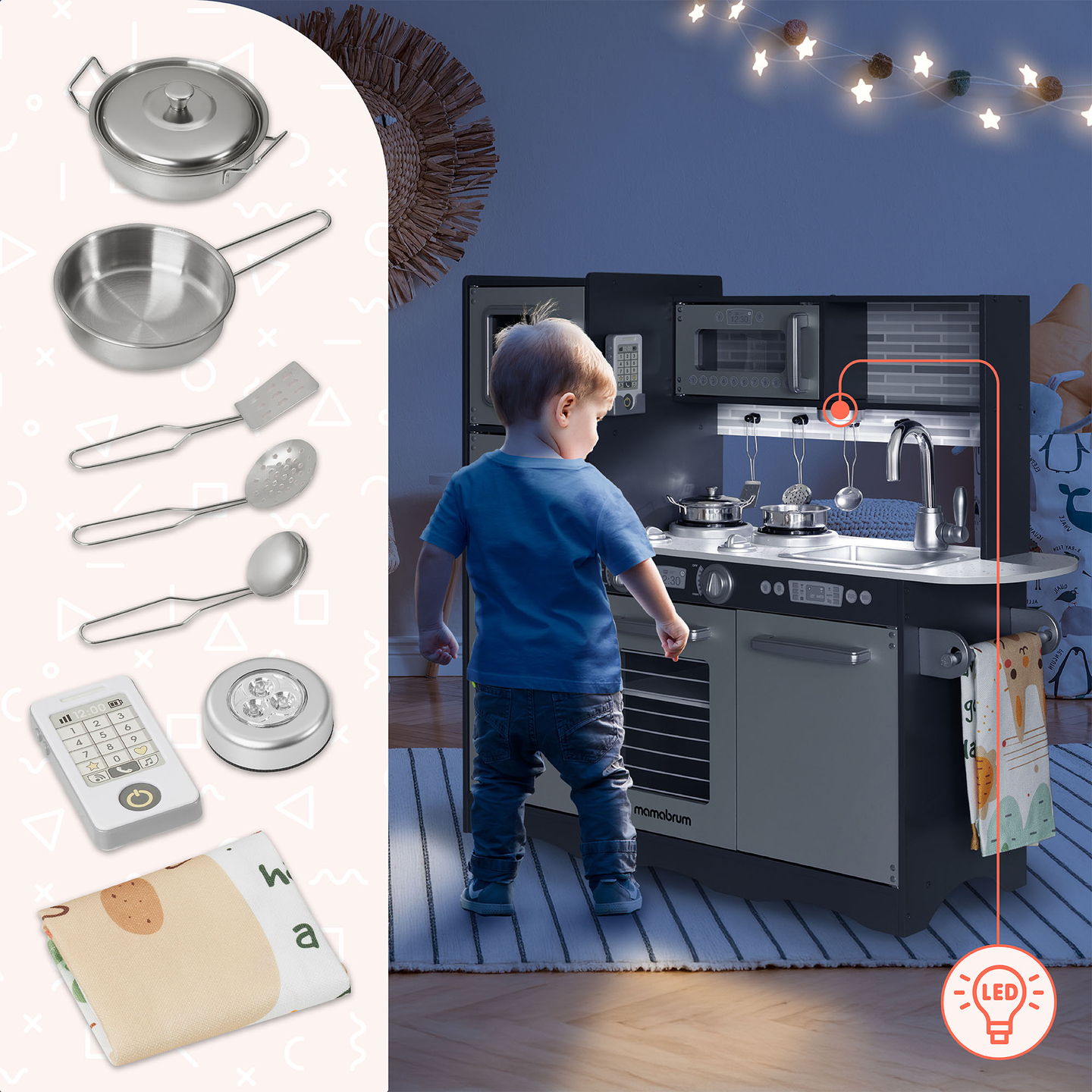 XXL träkök med LED-belysning, förkläde och tillbehör