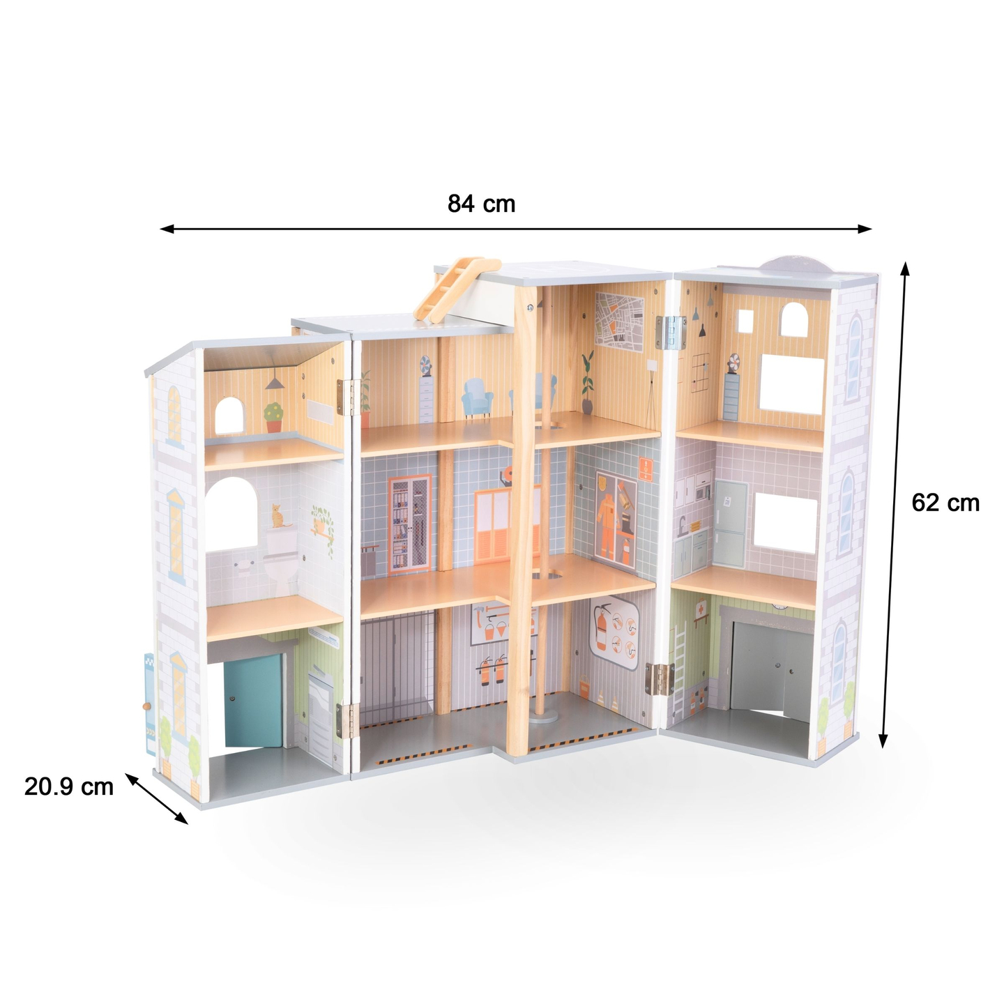 Stor hopfällbar brandstation med polisstation - set i trä. Brandstation och polisstation med tillbehör.