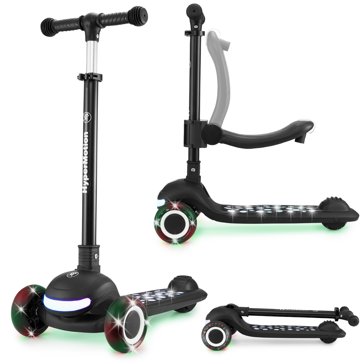HyperMotion LUMI 3-i-1 balansscooter - upplyst plattform och LED-hjul, svart färg
