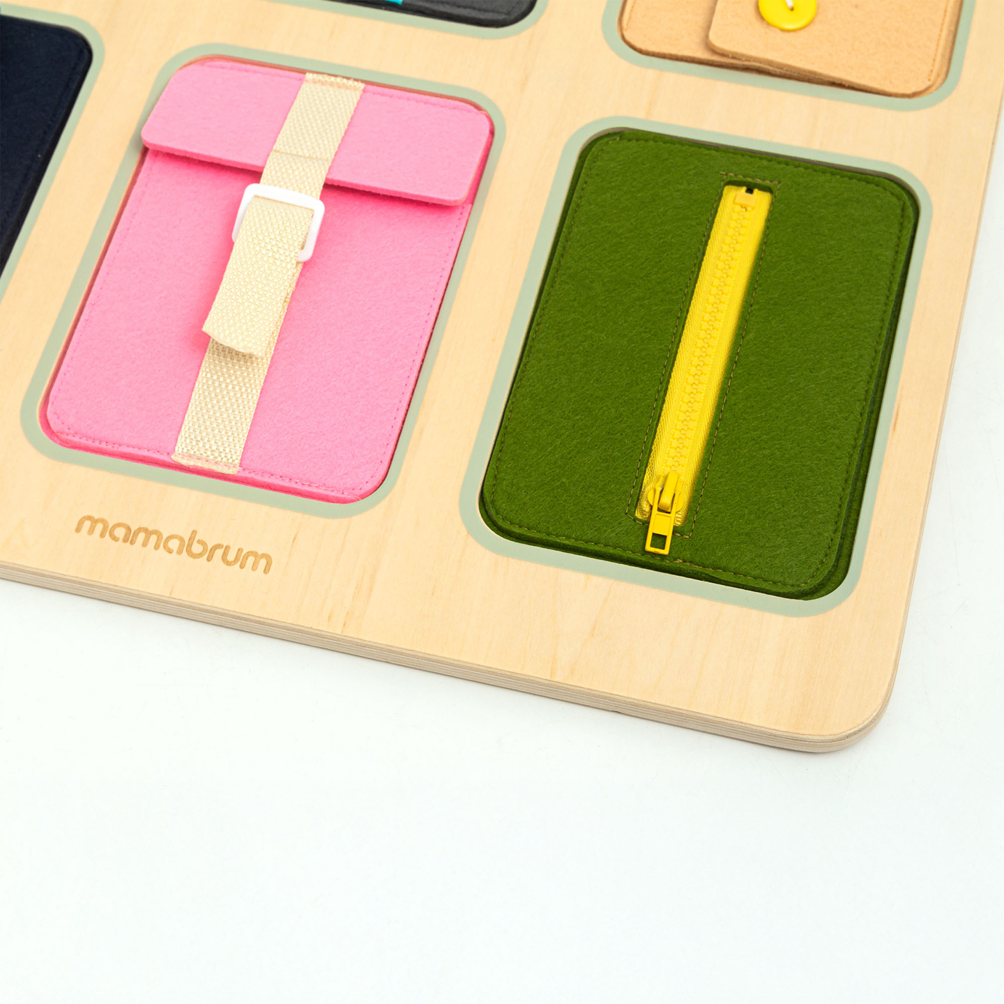 Montessori-manipulationsbräda i trä – Sensoriskt lärande av självständighet – snören, spännen, knappar, tryckknappar, dragkedja