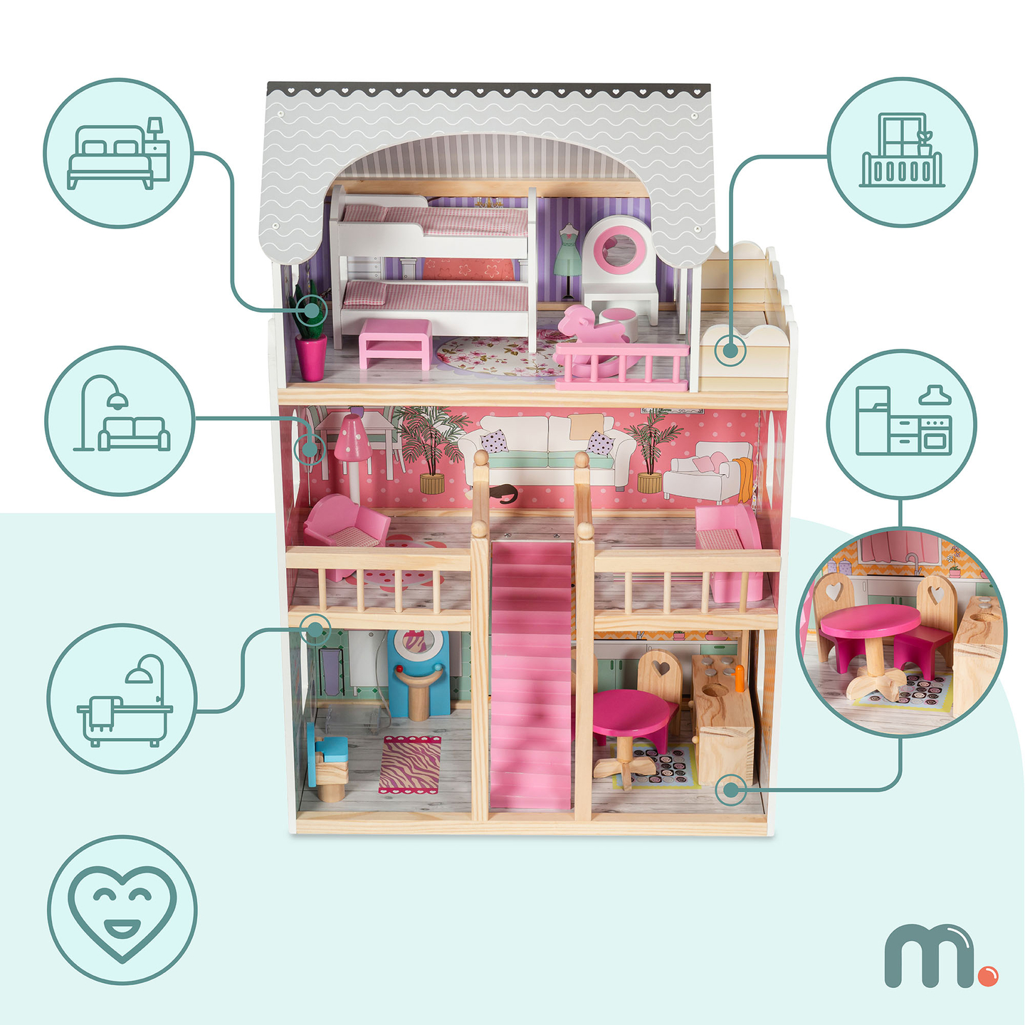 Stort dockhus i trä med 3 våningar, terrass, möbler och LED-belysning!