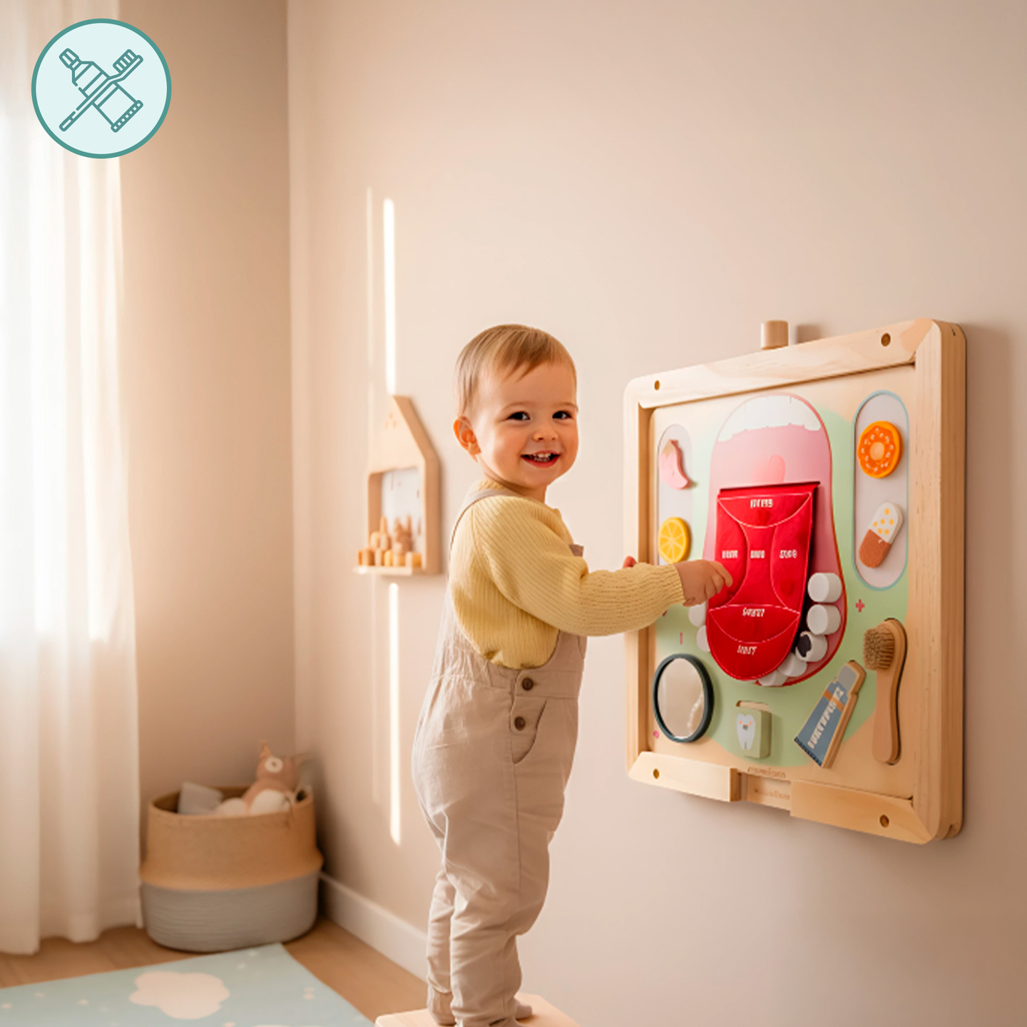 Montessori-pedagogisk trätavla för liten tandläkare - tandborste, tandkräm, avtagbara tänder, spegel, mat, lärande smaker