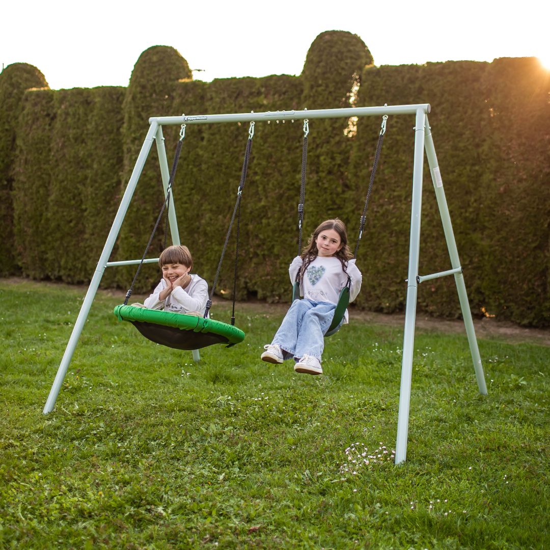 Dubbel trädgårdsgunga med ram och rep - sittdel och storkbo