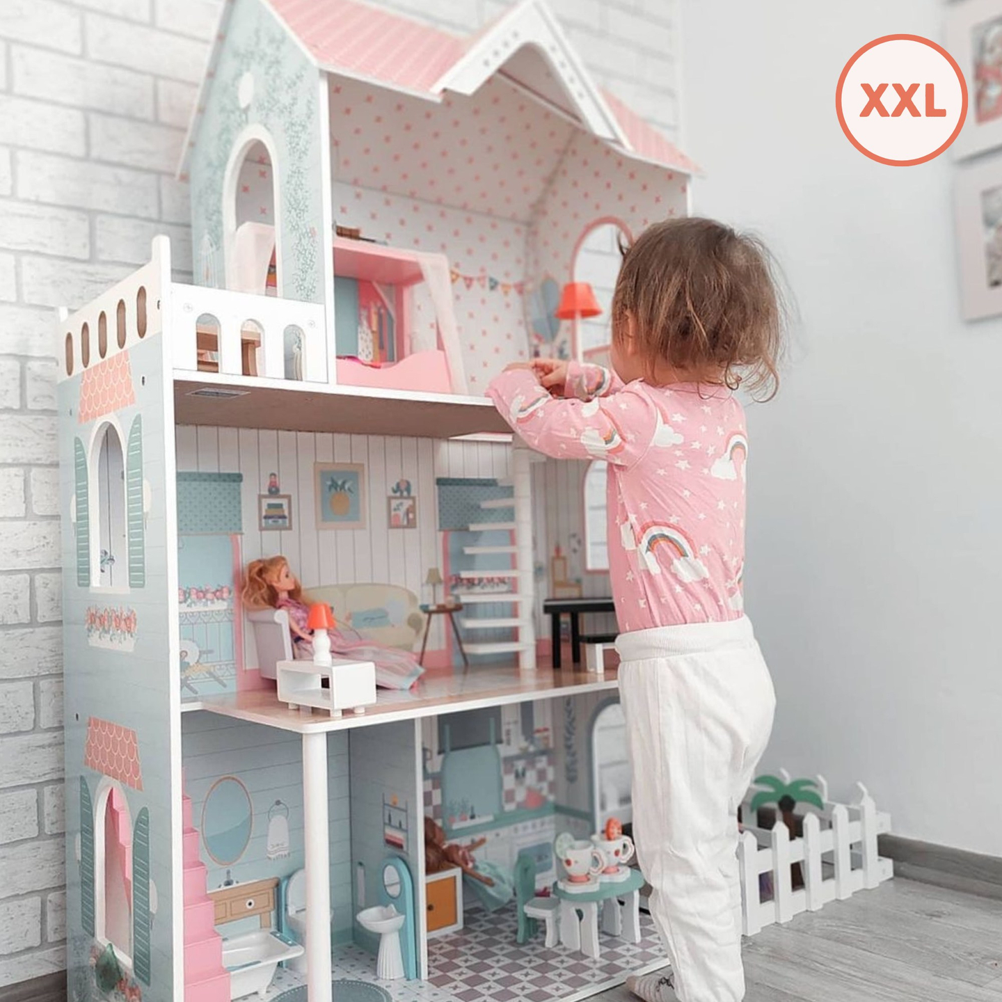 XXL Största dockhus i trä - 123 cm - LED-belyst - terrass, tillbehör, trädgård