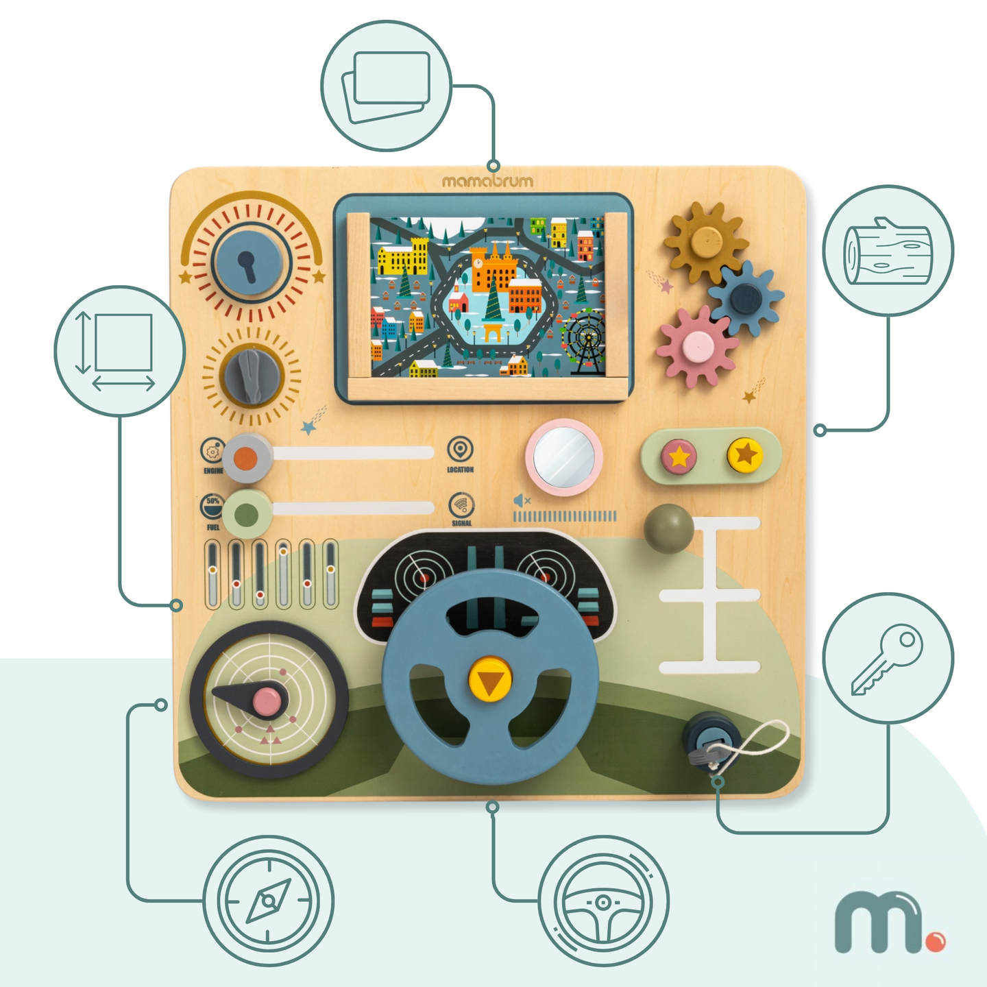 Montessoribräda i trä 2-i-1 förarplats för den lilla föraren och piloten – ratt, växelspak, resekartor, radar