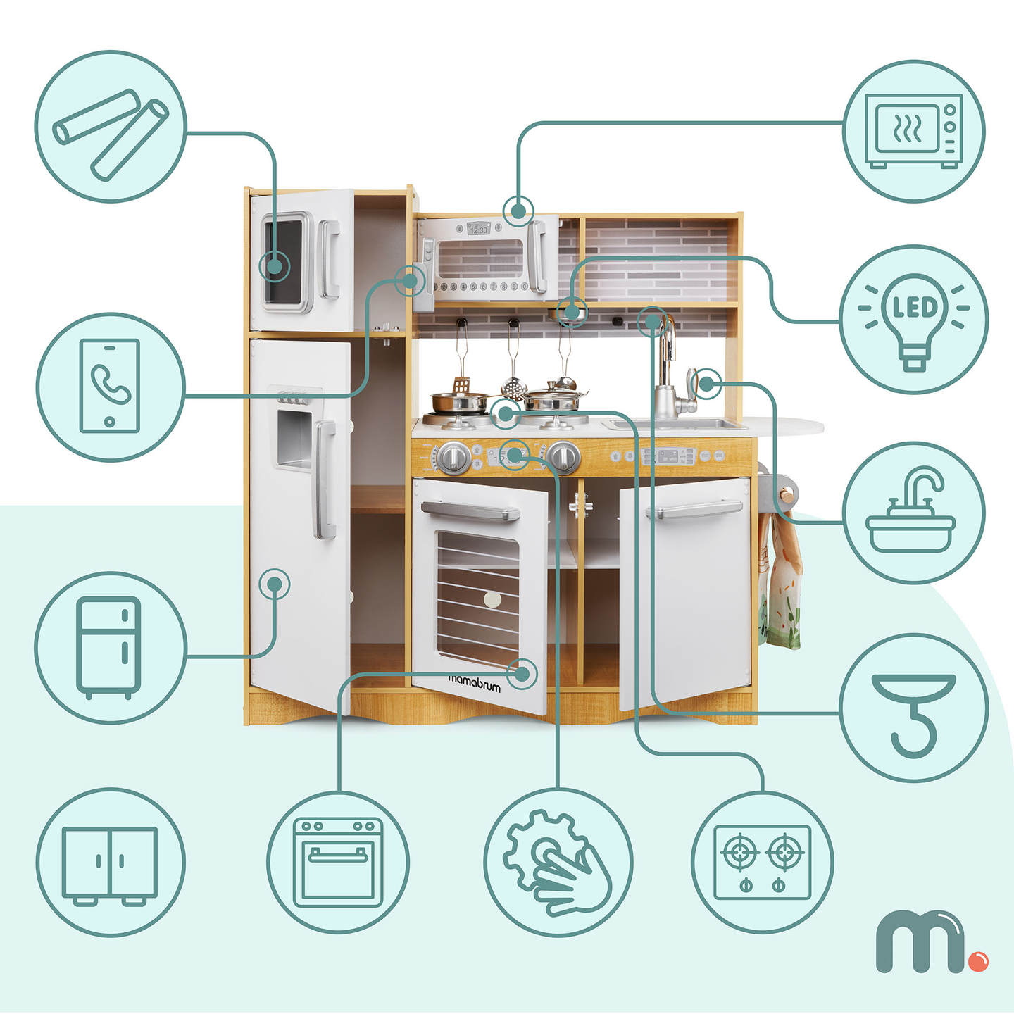 XXL träkök med LED-belysning, förkläde och tillbehör