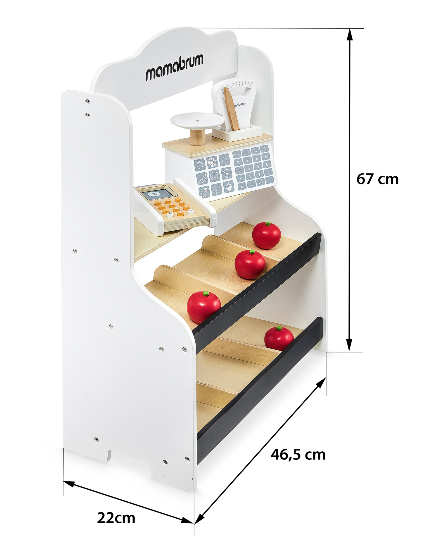 Mini market - butik med vågar, terminal, betalkort och frukt