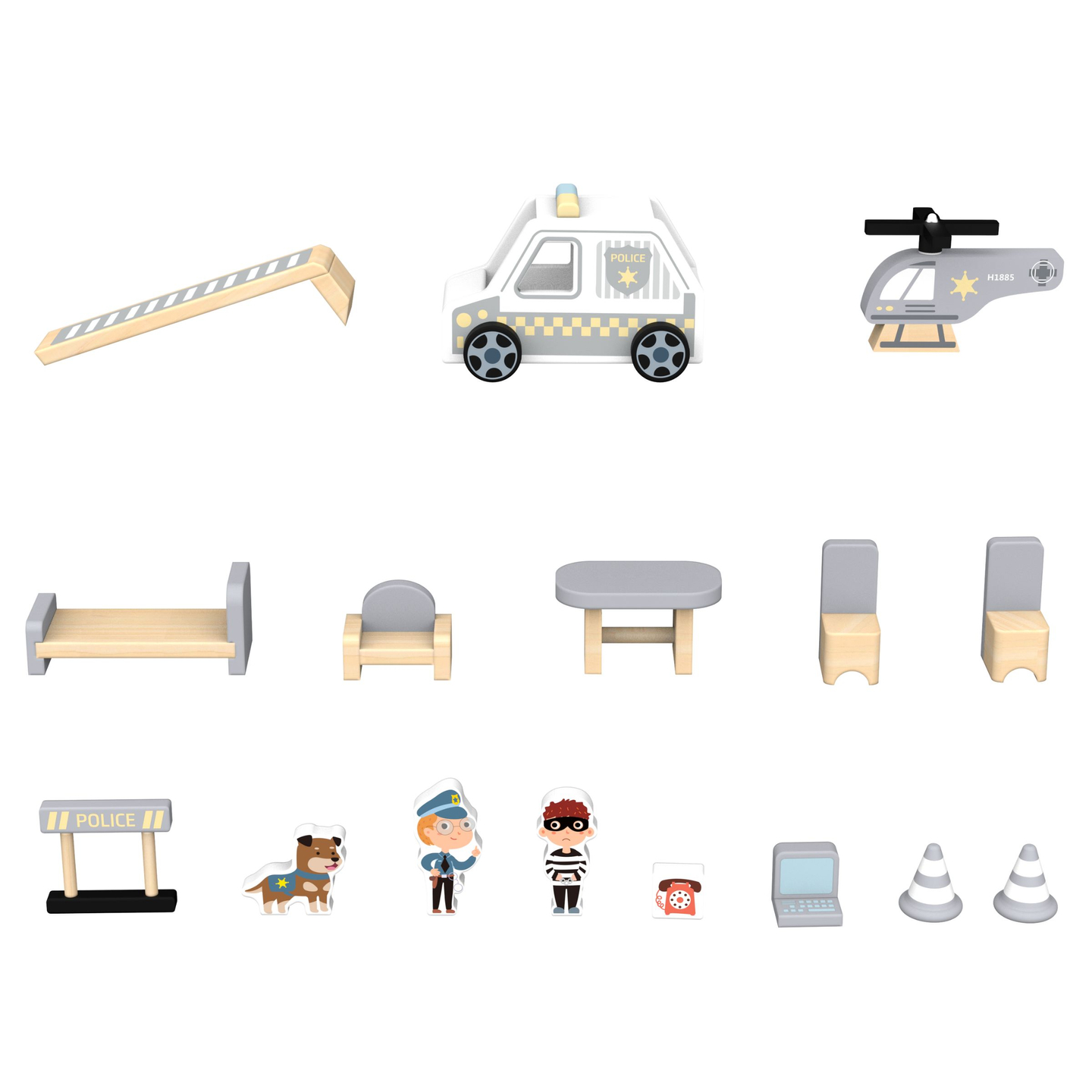 Polisstation i trä med tillbehör