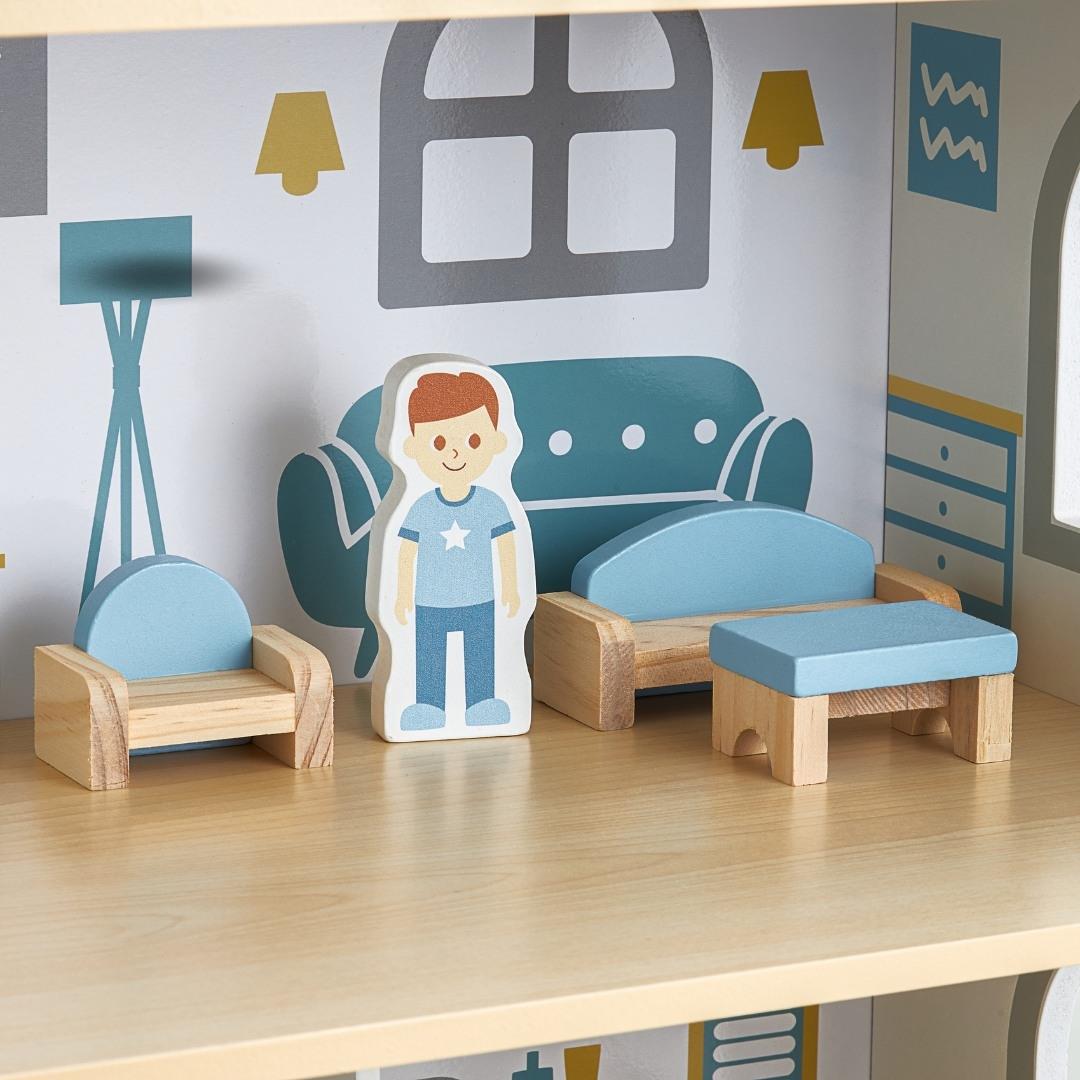 Dockhus i vitt trä med terrass och tillbehör