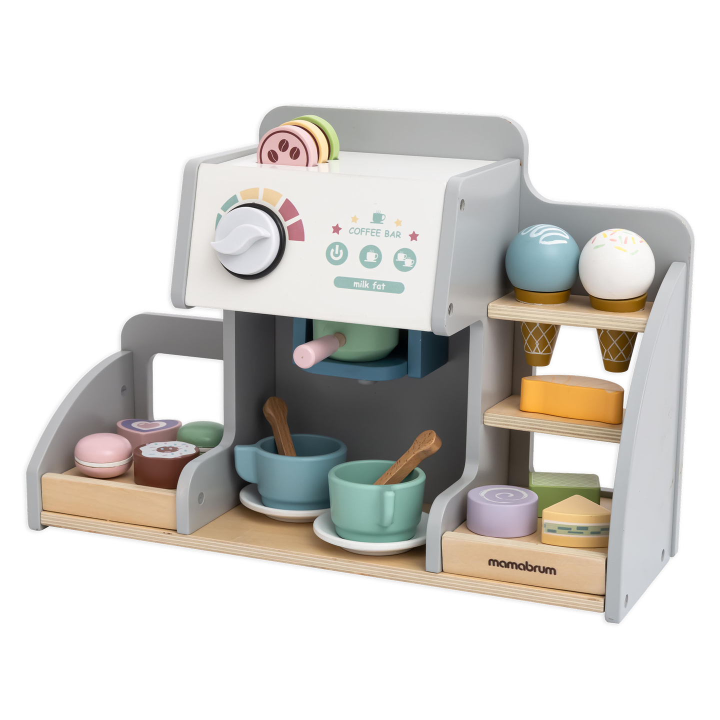 En stor glassbar i trä med magnettavla, kaffemaskin och glass- och dessertset - över 70 delar!