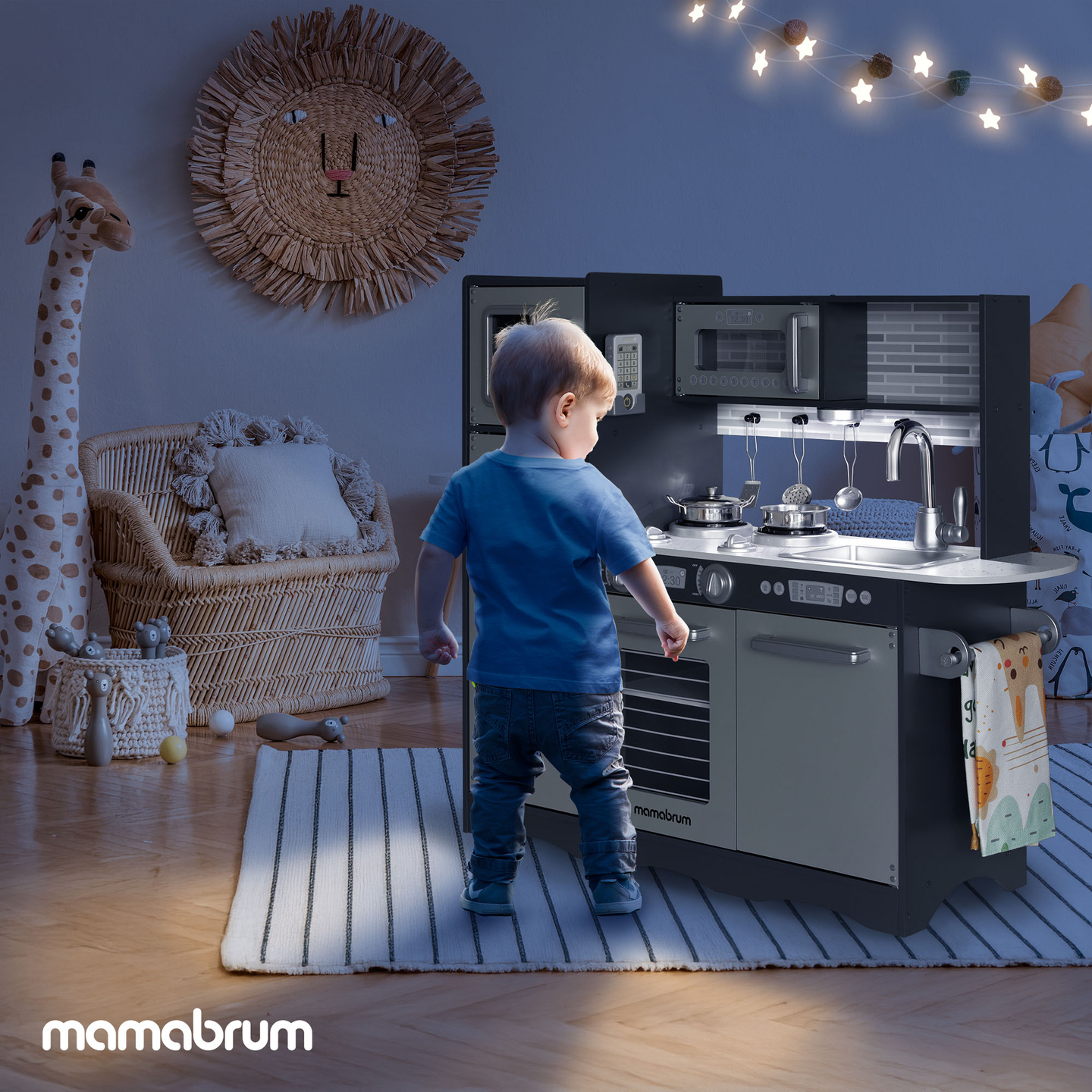 XXL träkök med LED-belysning, förkläde och tillbehör