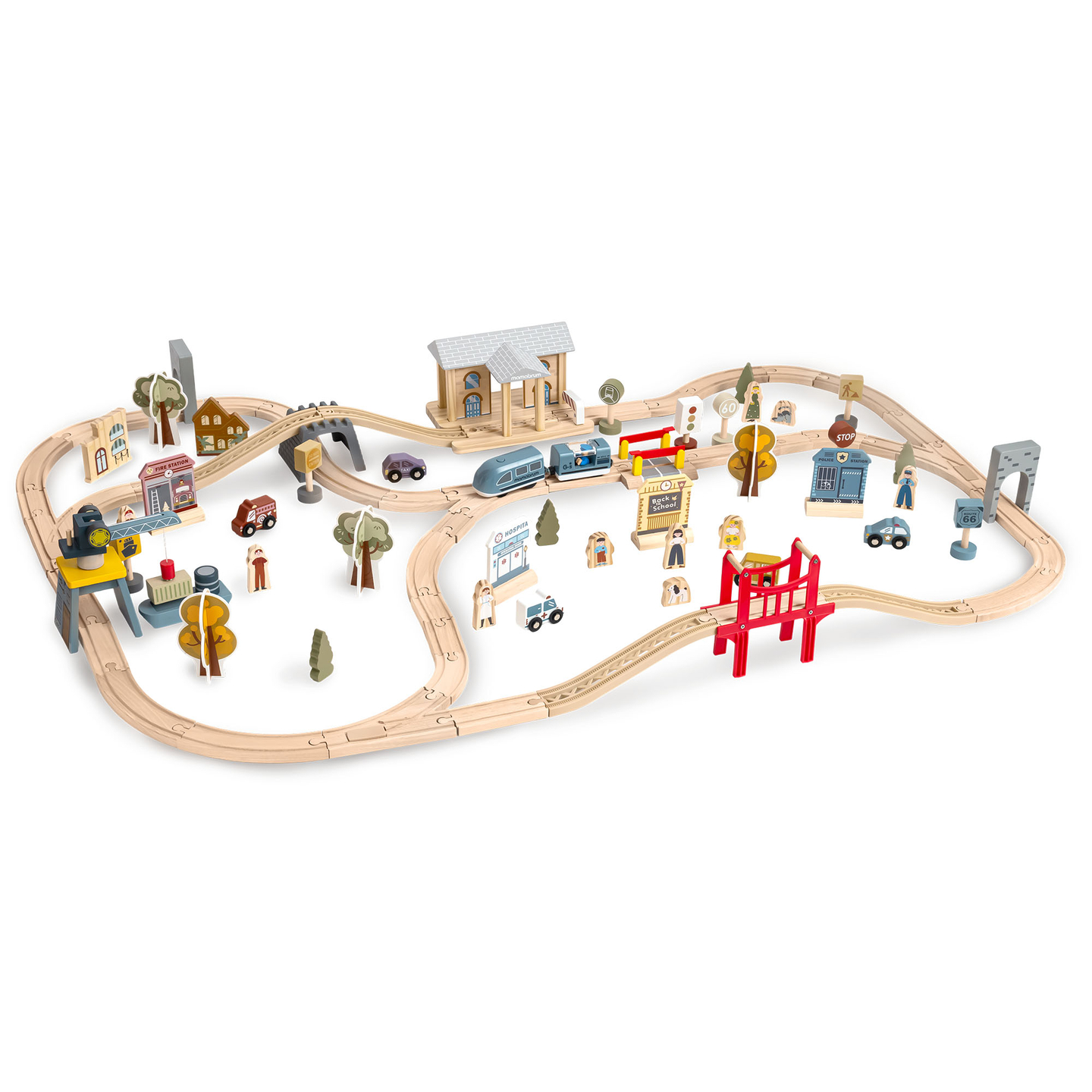 Träjärnväg med elektriskt tåg - rörlig kran, skepp, broar