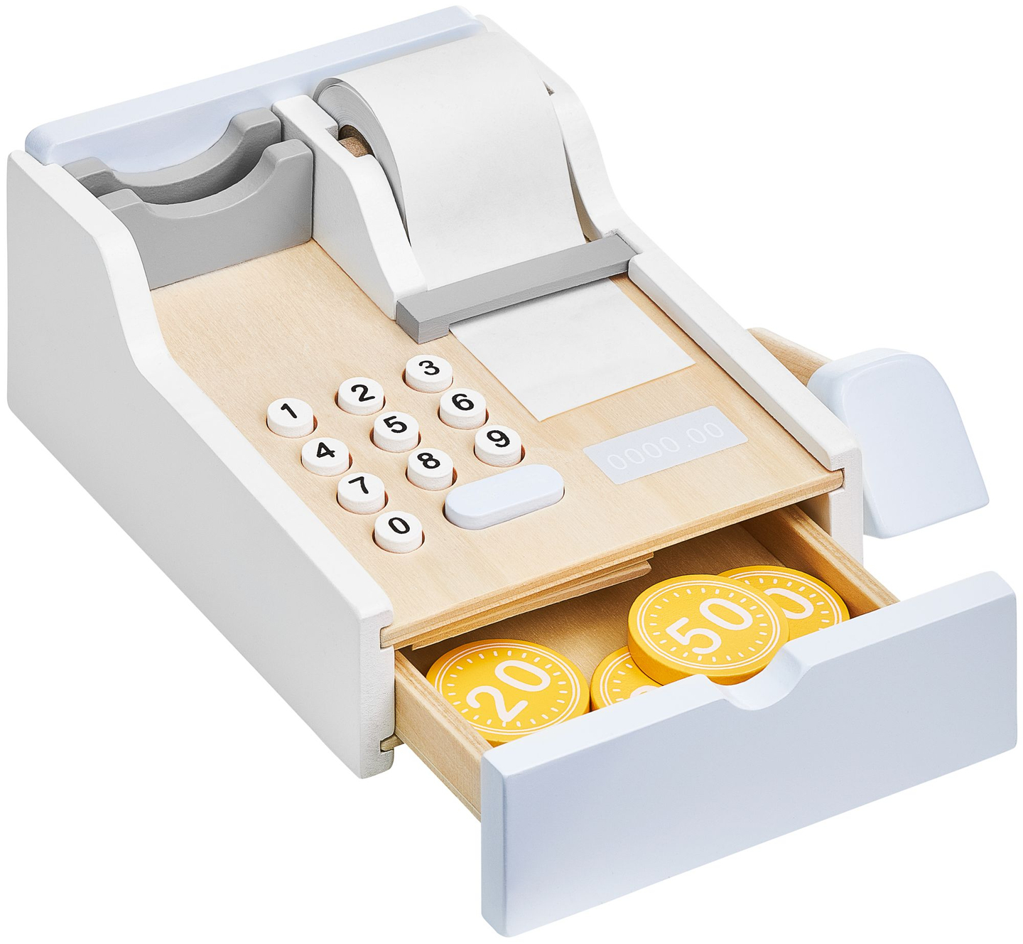 Grönsaksaffär - träbod med lådor, kassaapparat och terminal