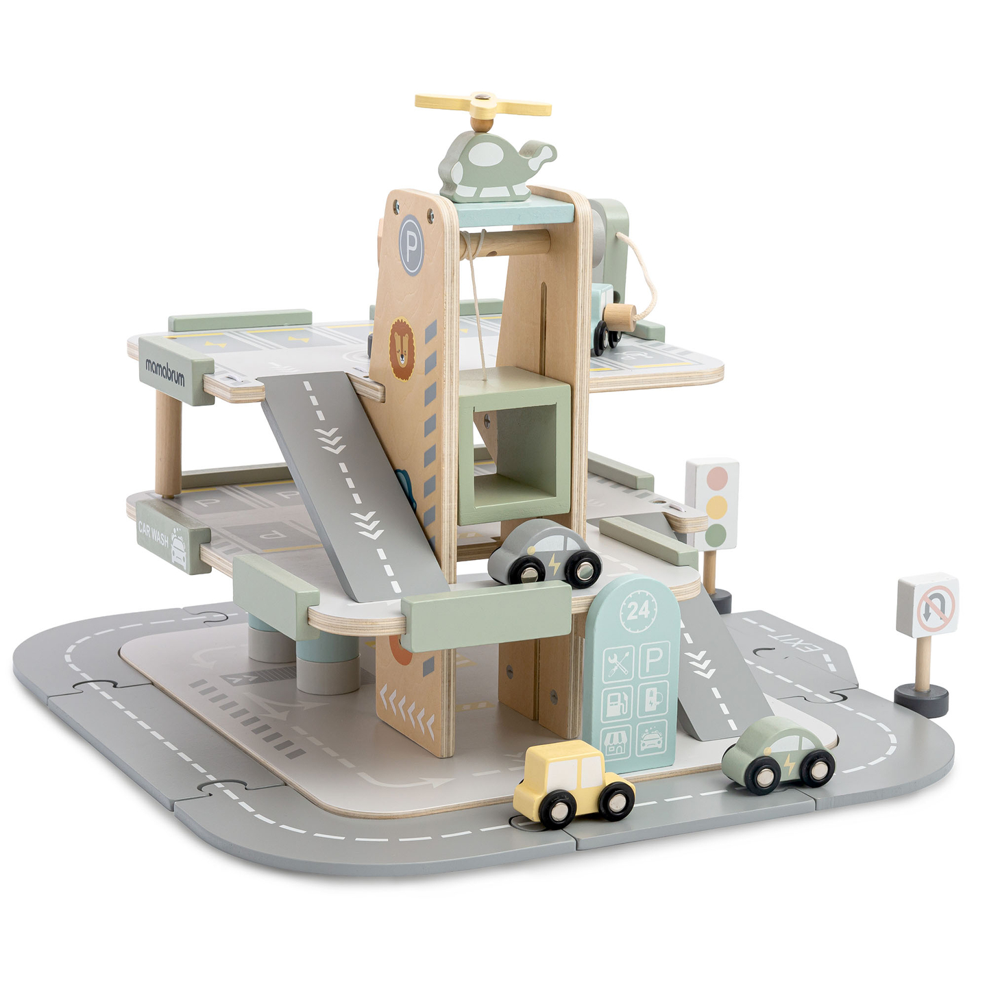 Trägarage i tre våningar för barn med tillbehör – parkeringsplats, bensinstation, biltvätt, helikopter
