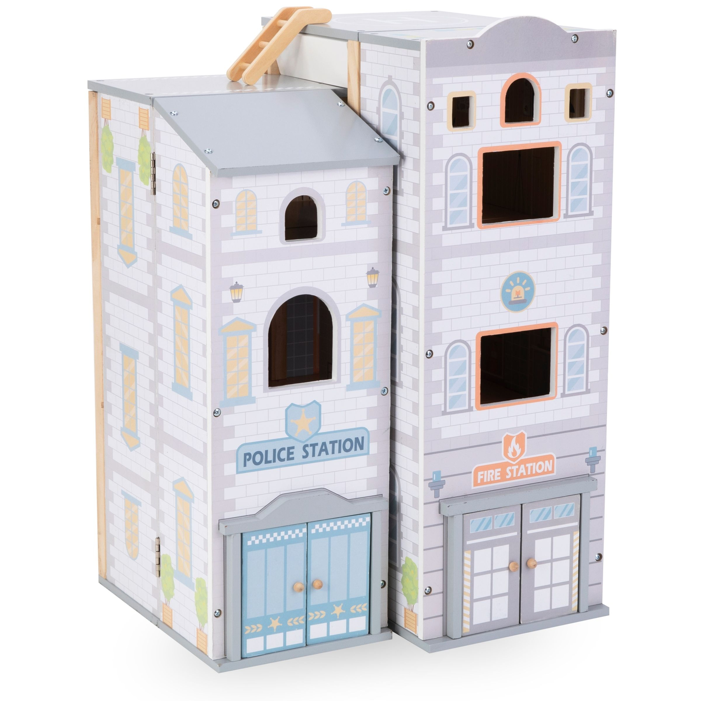 Stor hopfällbar brandstation med polisstation - set i trä. Brandstation och polisstation med tillbehör.