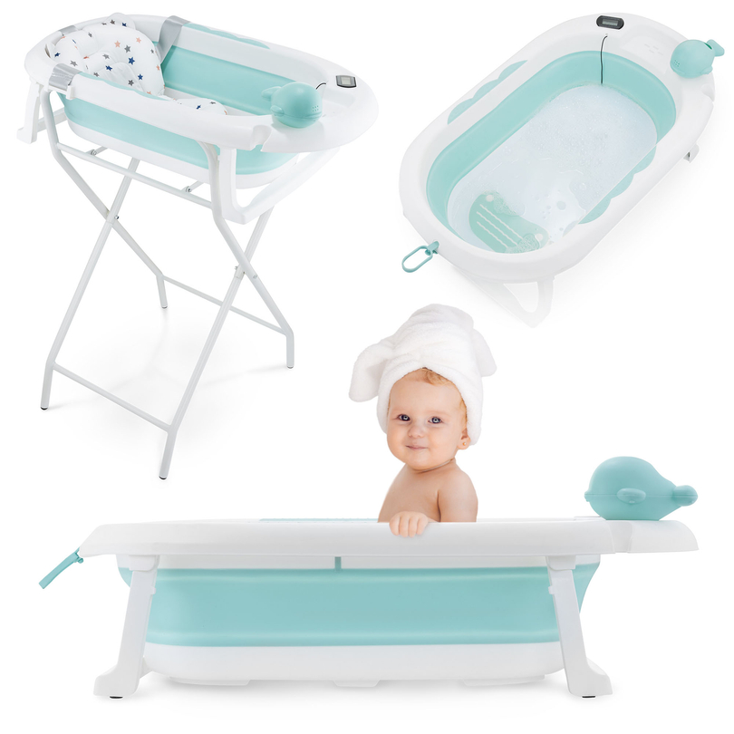 Hopfällbart babybadkar med termometer, insats och stativ - mintfärgad