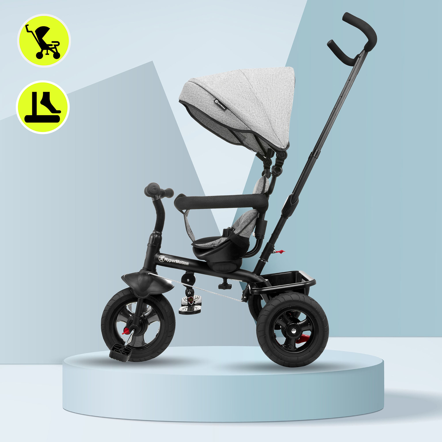 Trehjuling för barn 1-4 år - TOBI FREY - grå färg - svängbar - pumpade hjul + tryckare