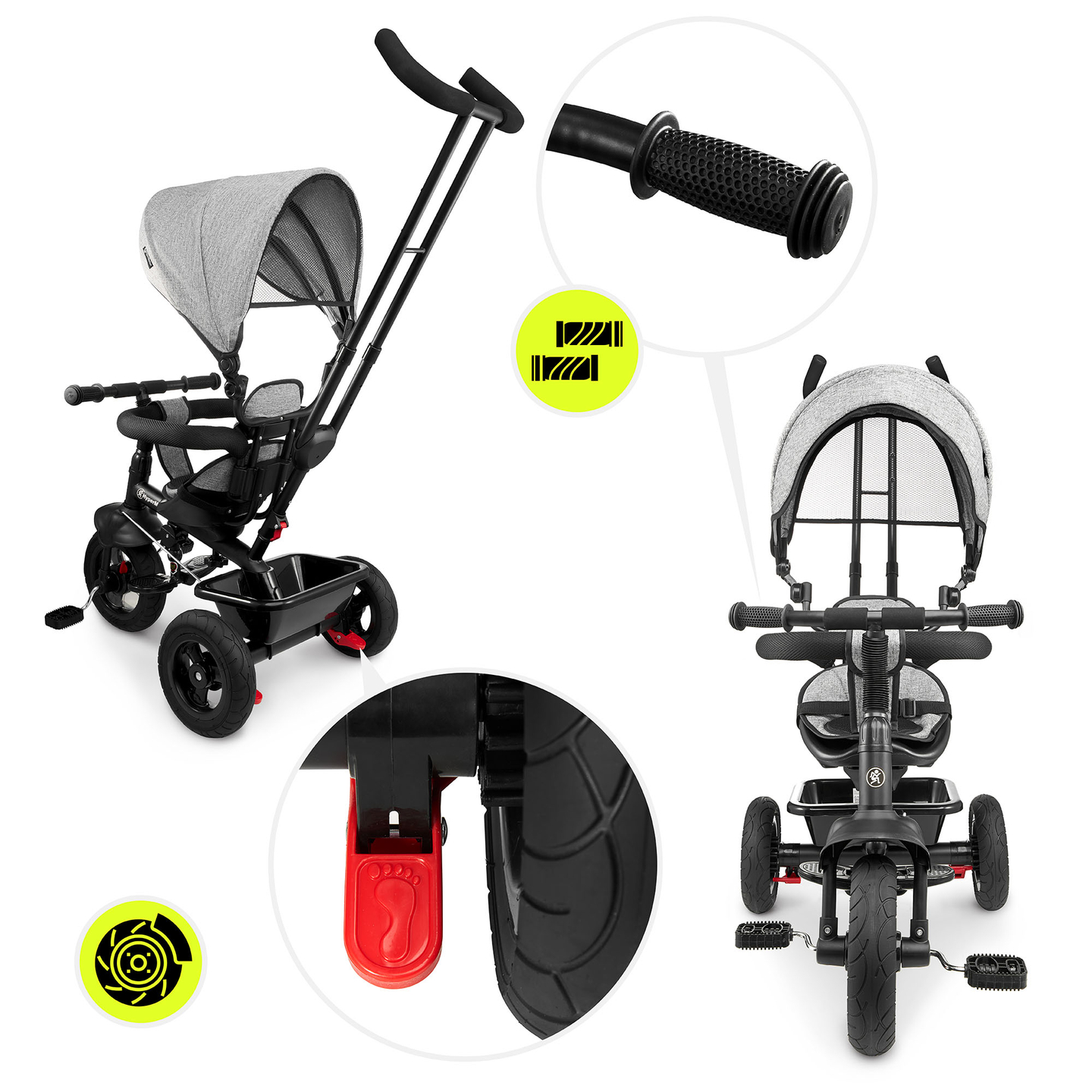 Trehjuling för barn 1-4 år - TOBI FREY - grå färg - svängbar - pumpade hjul + tryckare