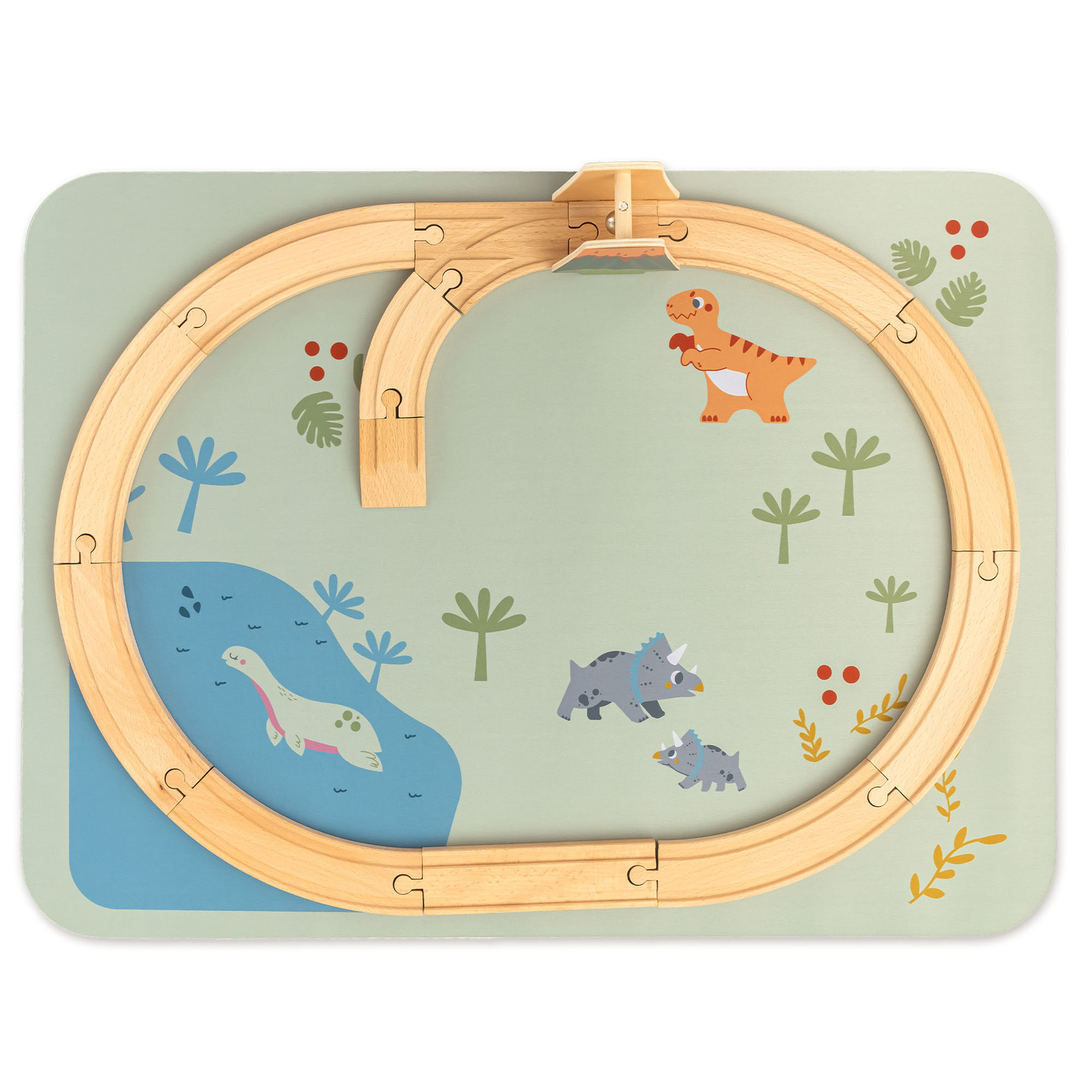 Dino Park trätåg med halkfri matta - dinosaurier, tåg, spår, vulkan, klocka