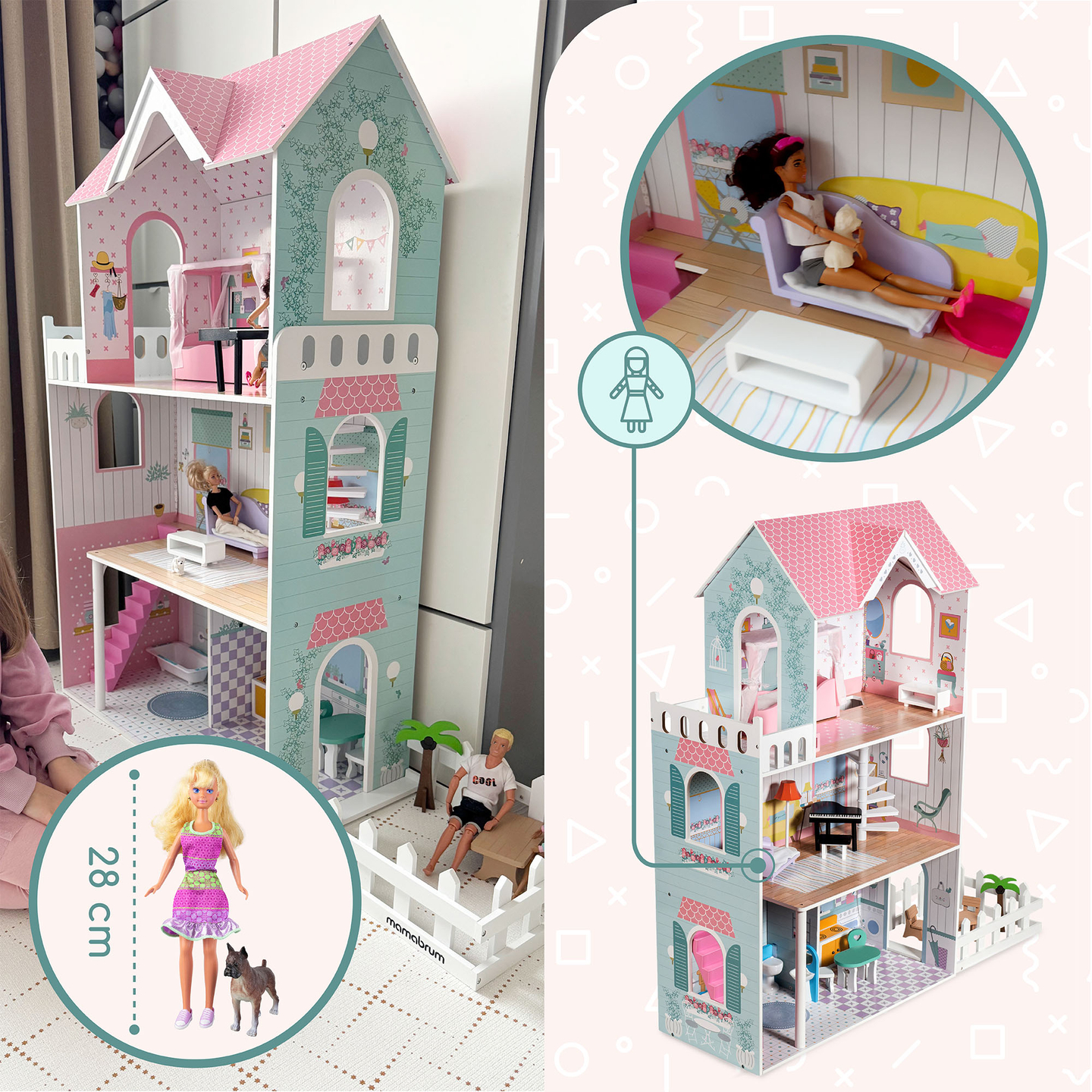 XXL Största dockhus i trä - 123 cm - LED-belyst - terrass, tillbehör, trädgård