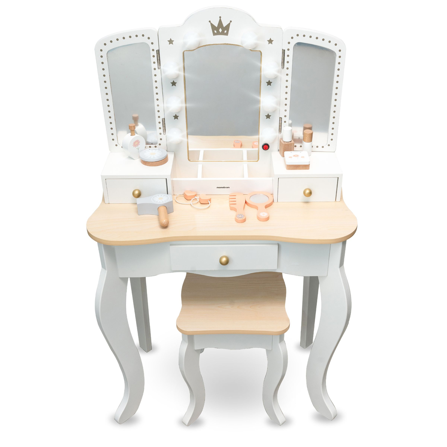 XXL toalettbord i trä med pall och LED-belysning för barn + tillbehör