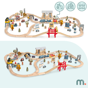 Träjärnväg med elektriskt tåg - rörlig kran, skepp, broar