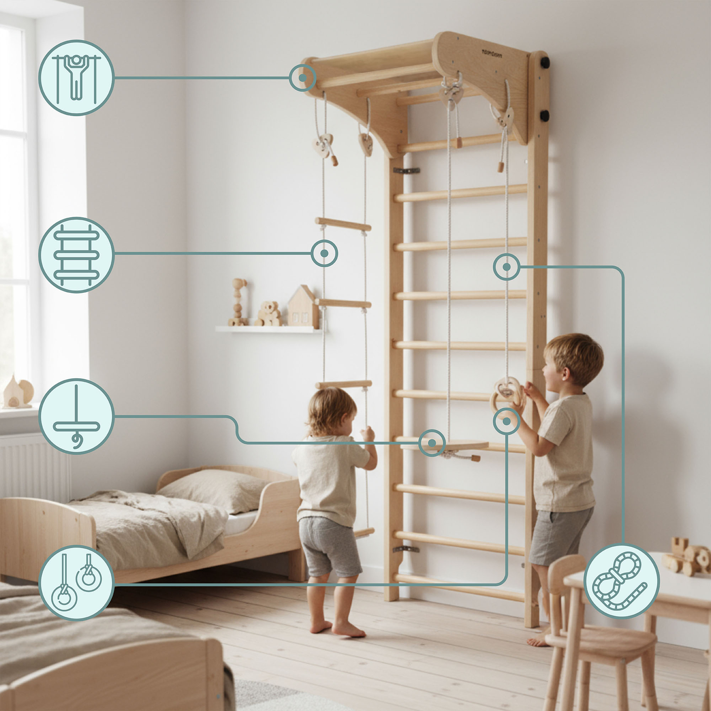 Gymnastikstege i trä för barn med tillbehör - gunga, gymnastikringar och repstege