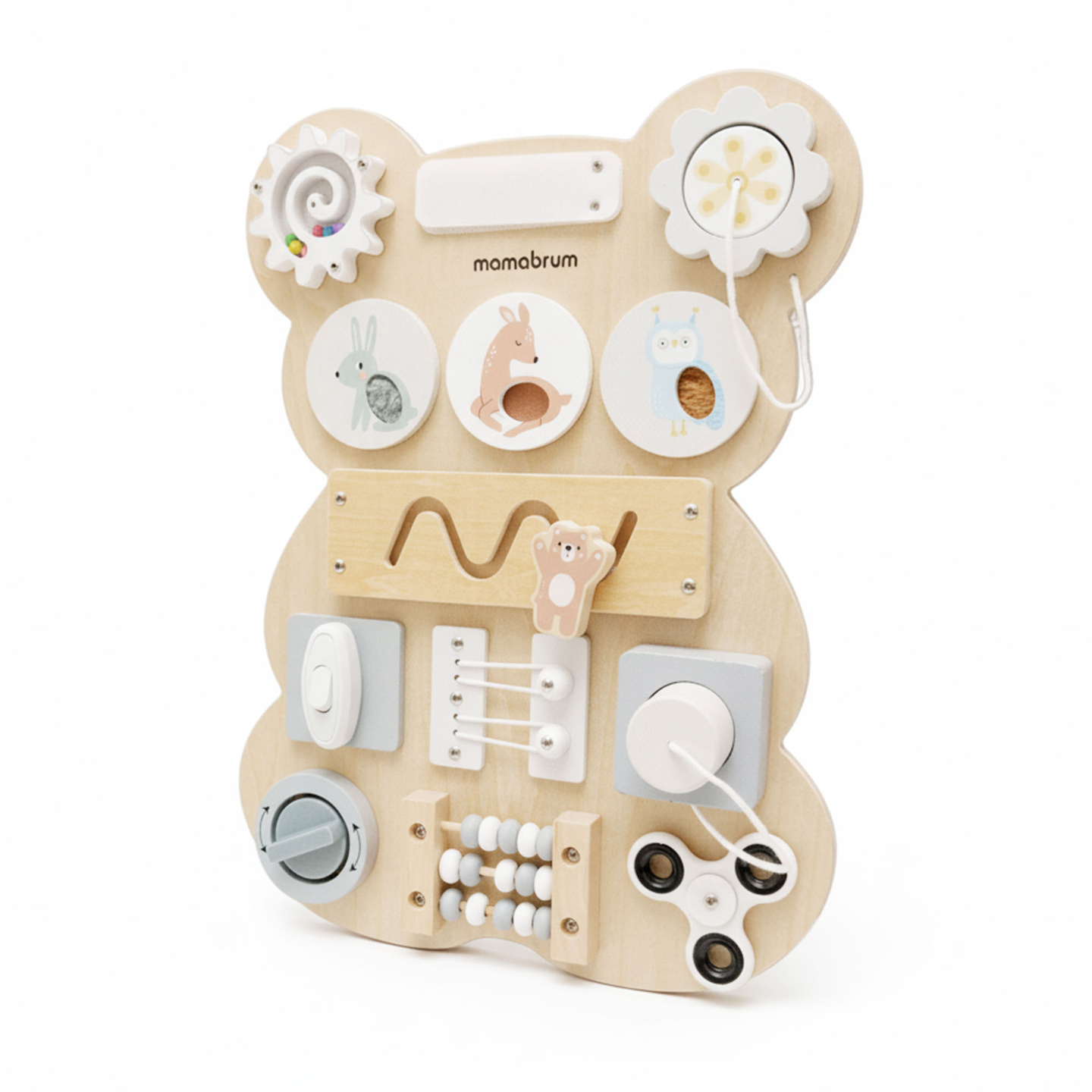 Montessori-nalle i trä - sensoriskt lärande av självständighet: kardborreband, plugg, labyrint, klickknapp